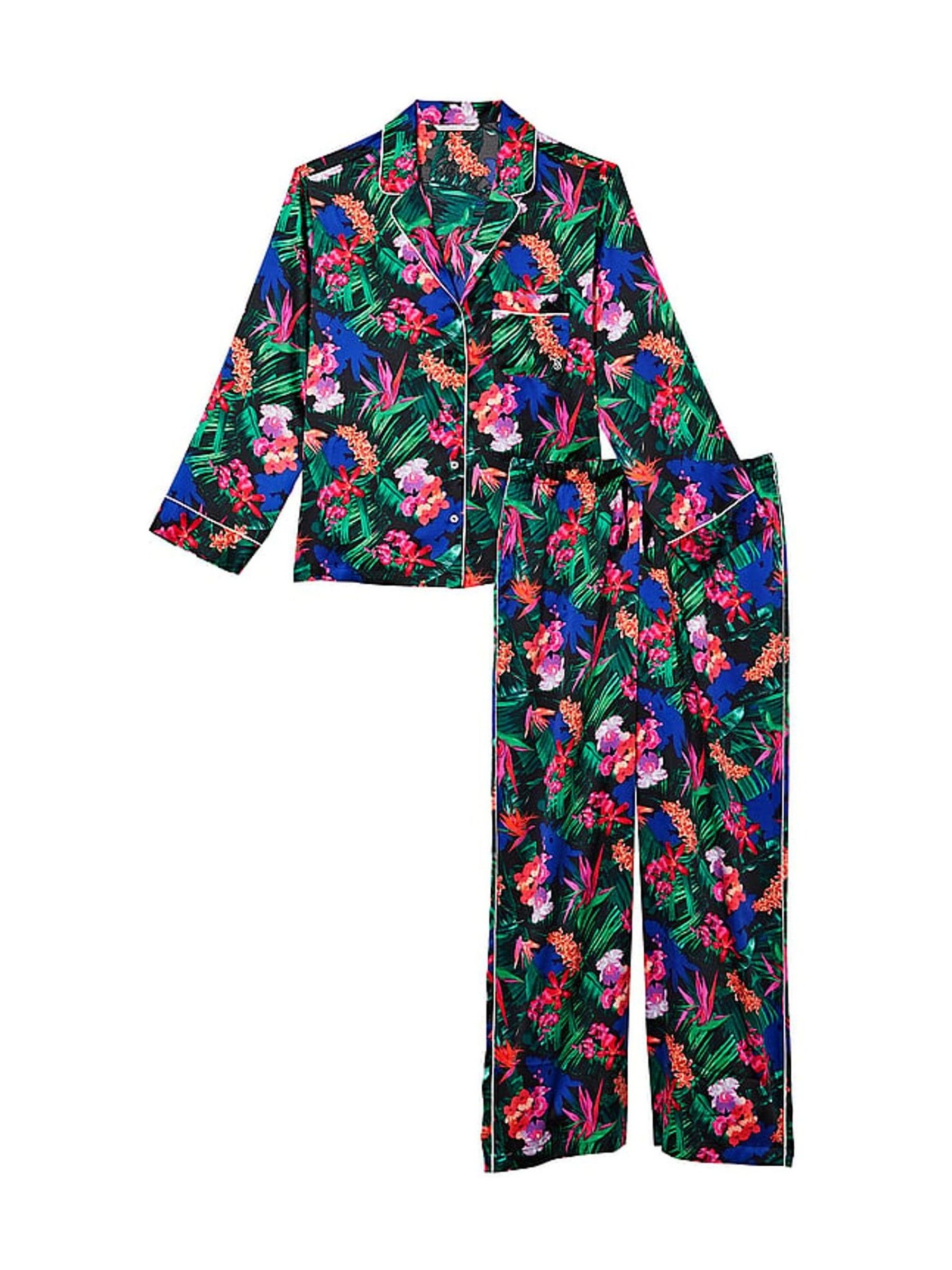 Black Moonlit Tropic Satin Long Pyjama Set - Image 3 of 3 Black Moonlit Tropic Satin Long Pyjama Set - Image 3 of 3