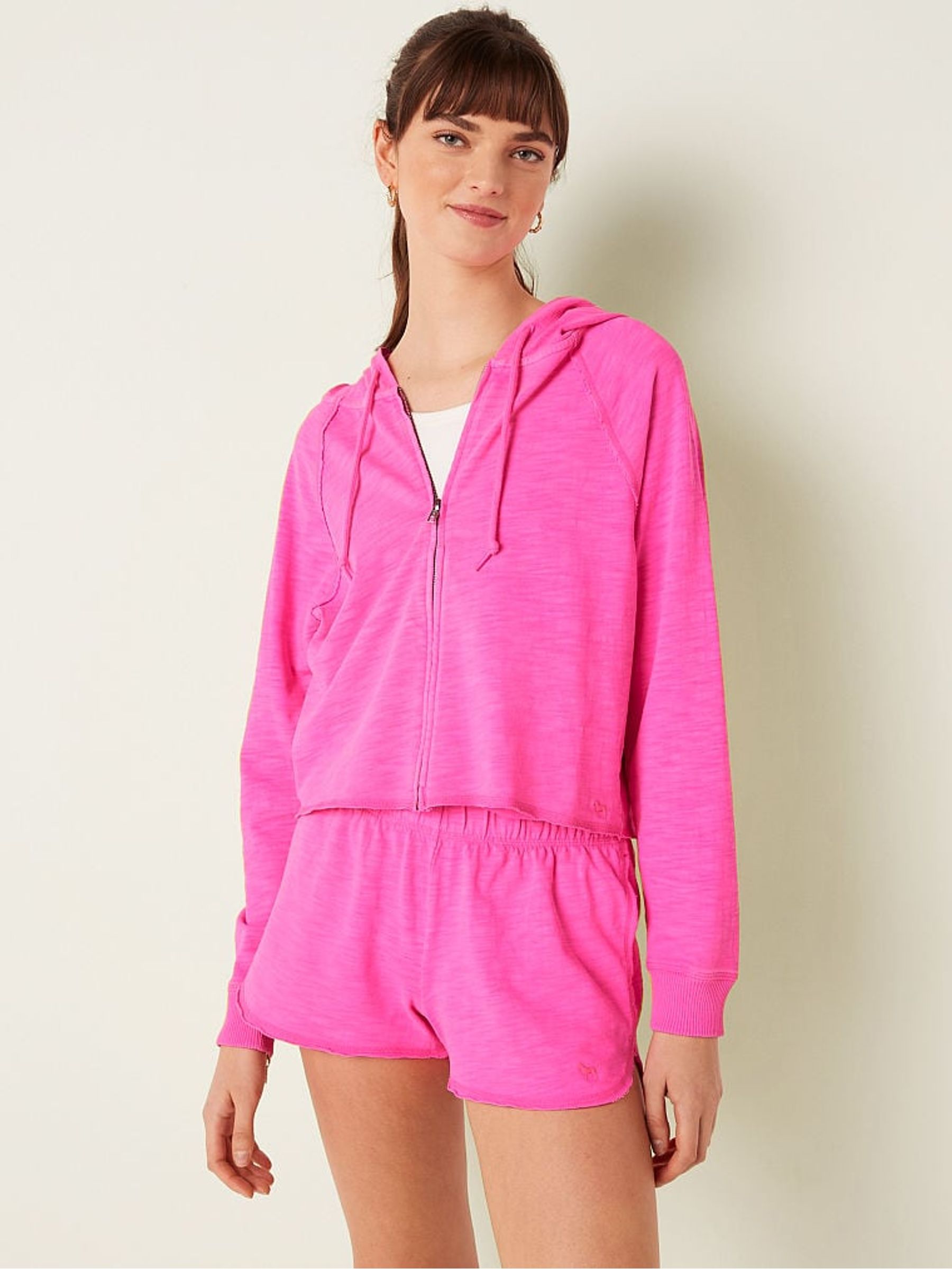 Atomic Pink Cotton Slub Crop Cut Off Full Zip Hoodie - Image 1 of 4