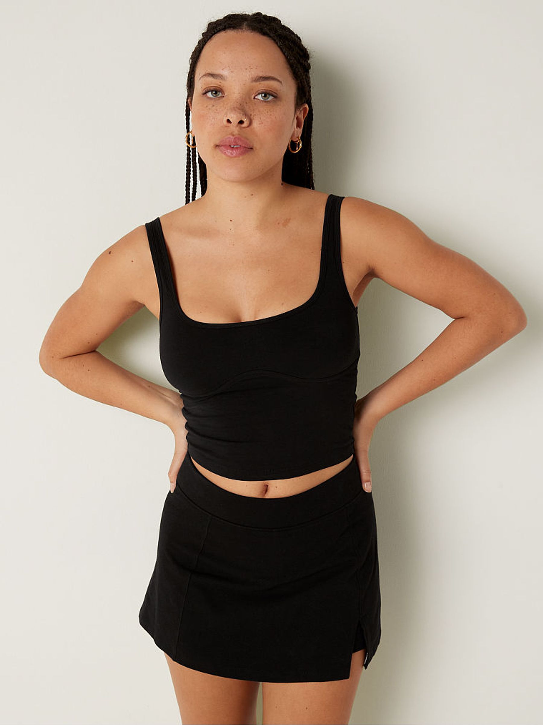 Pure Black Cotton Contour Crop Top Tank Top - Image 1 of 4