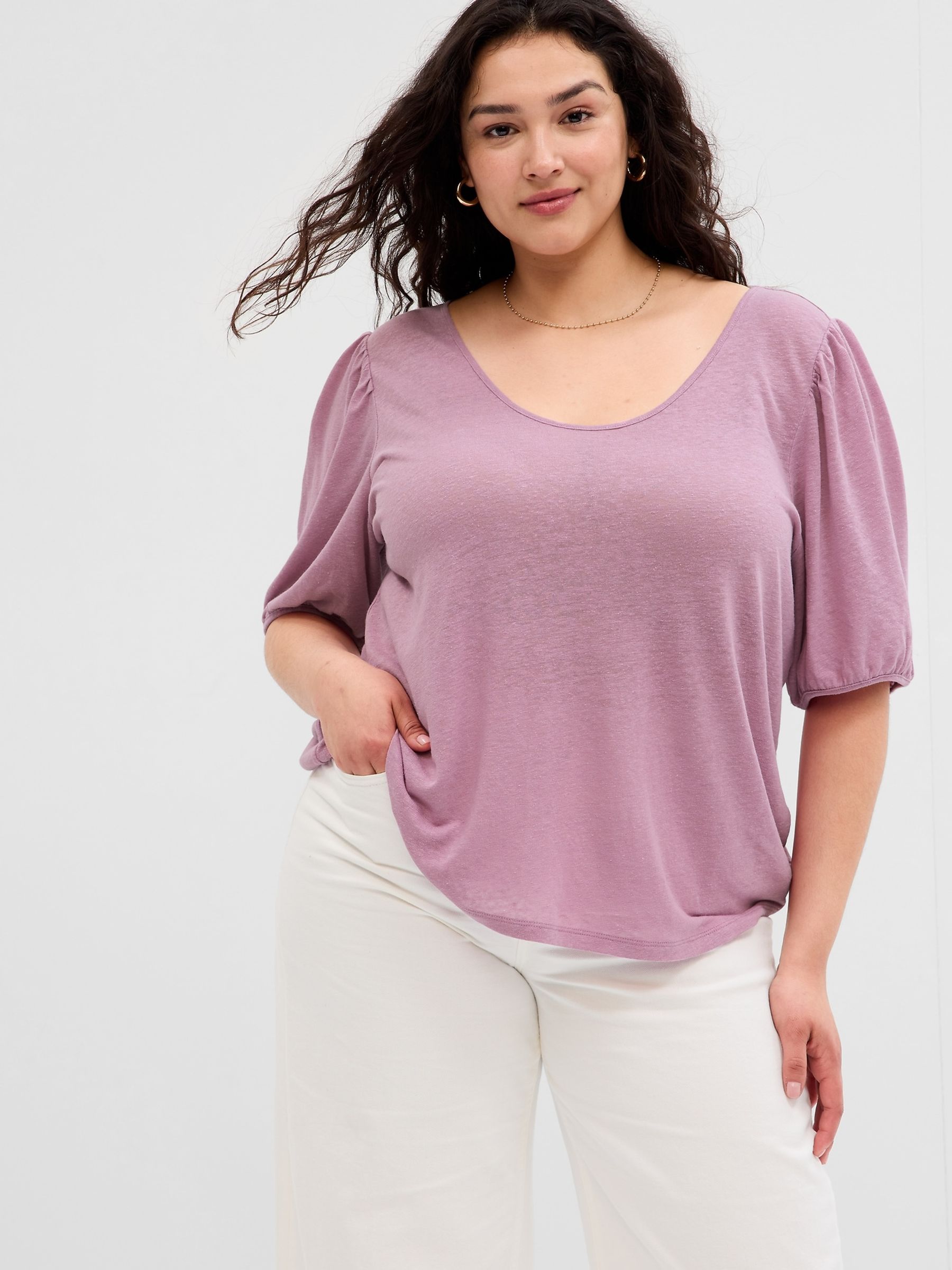 Purple Puff Sleeve Scoop Neck T-Shirt Contains Linen - Image 1 of 4