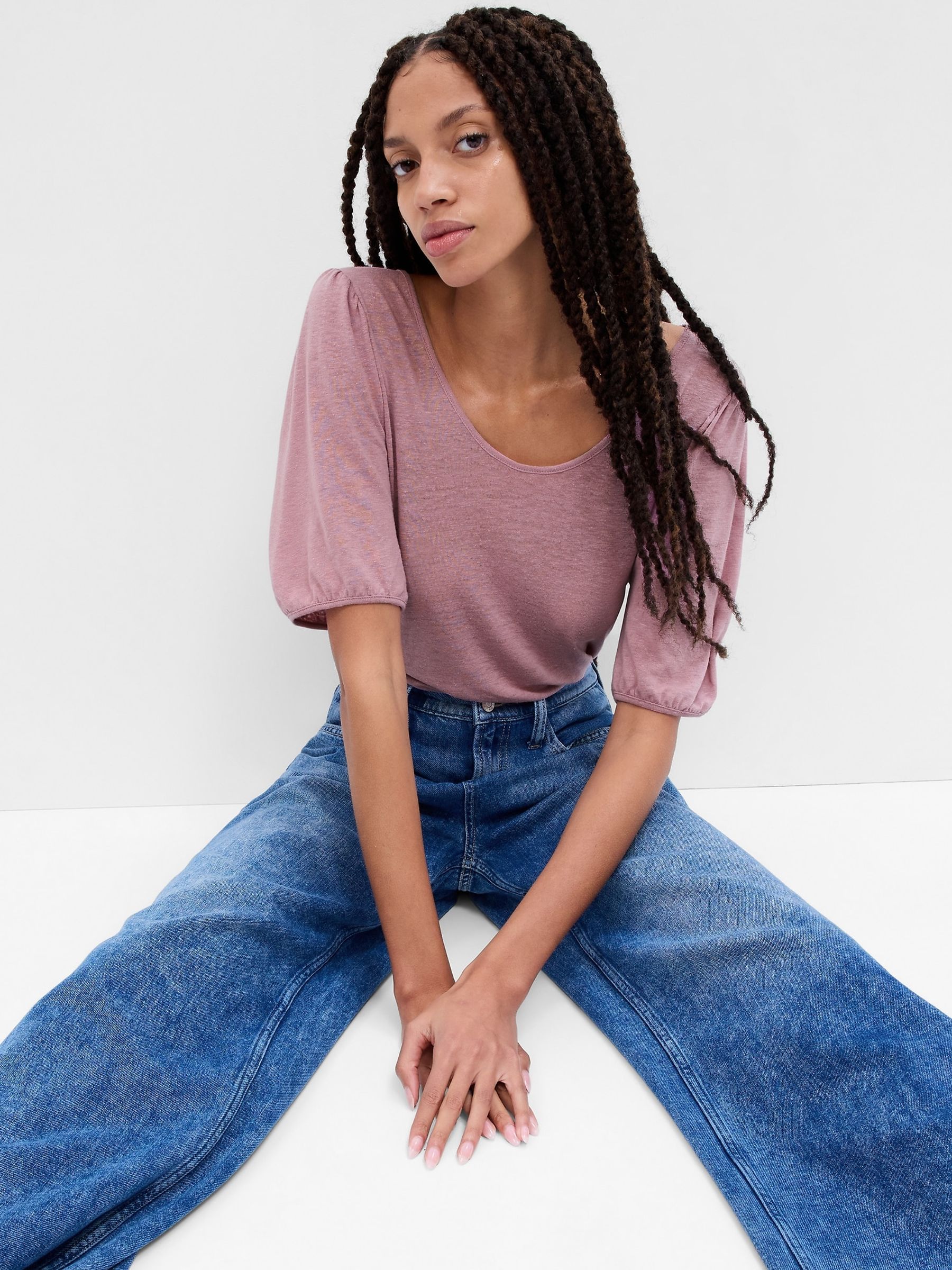 Purple Puff Sleeve Scoop Neck T-Shirt Contains Linen - Image 2 of 4