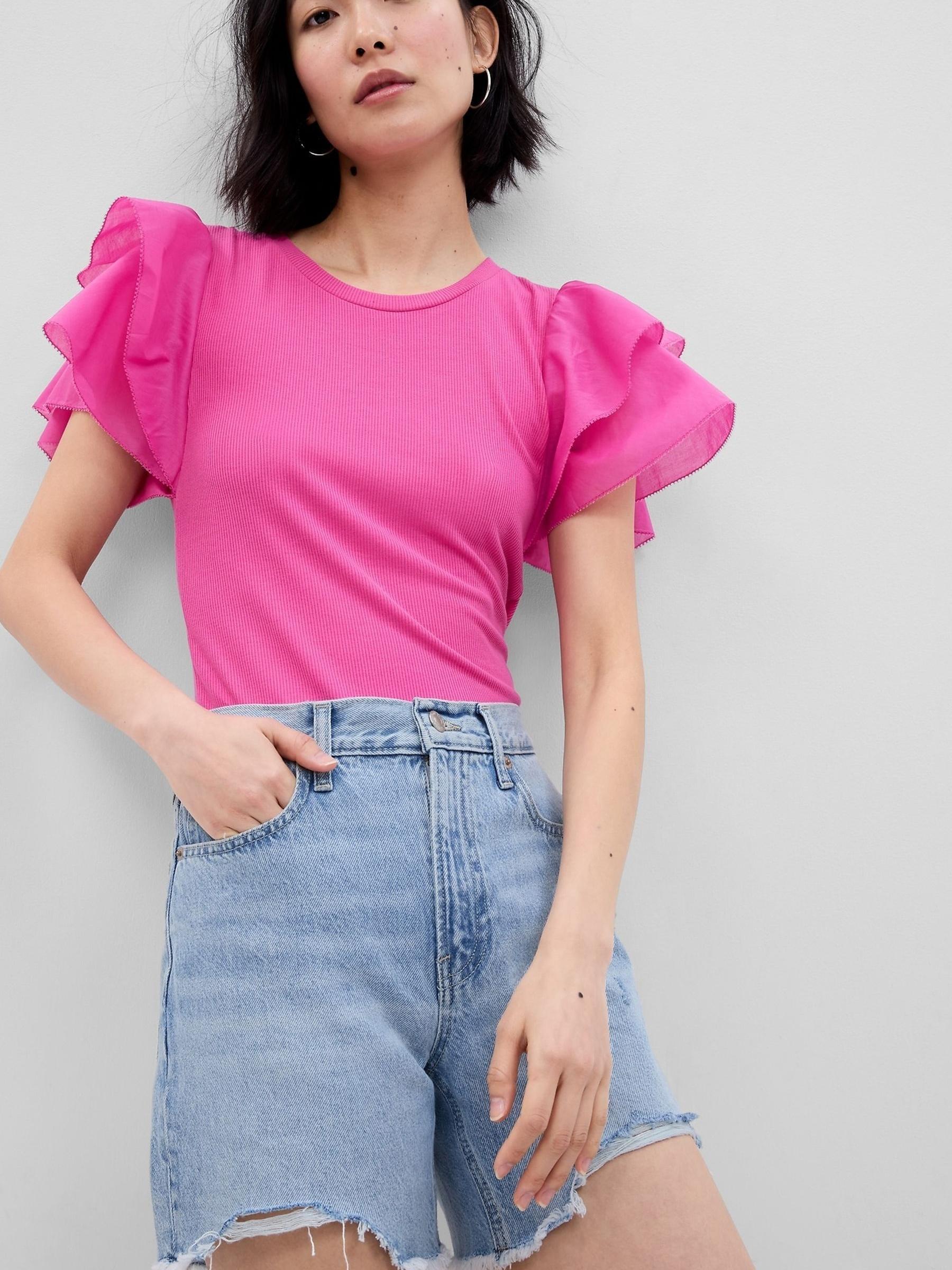 Pink Ruffle Sleeve Ribbed Crew Neck T-Shirt - Image 1 of 1