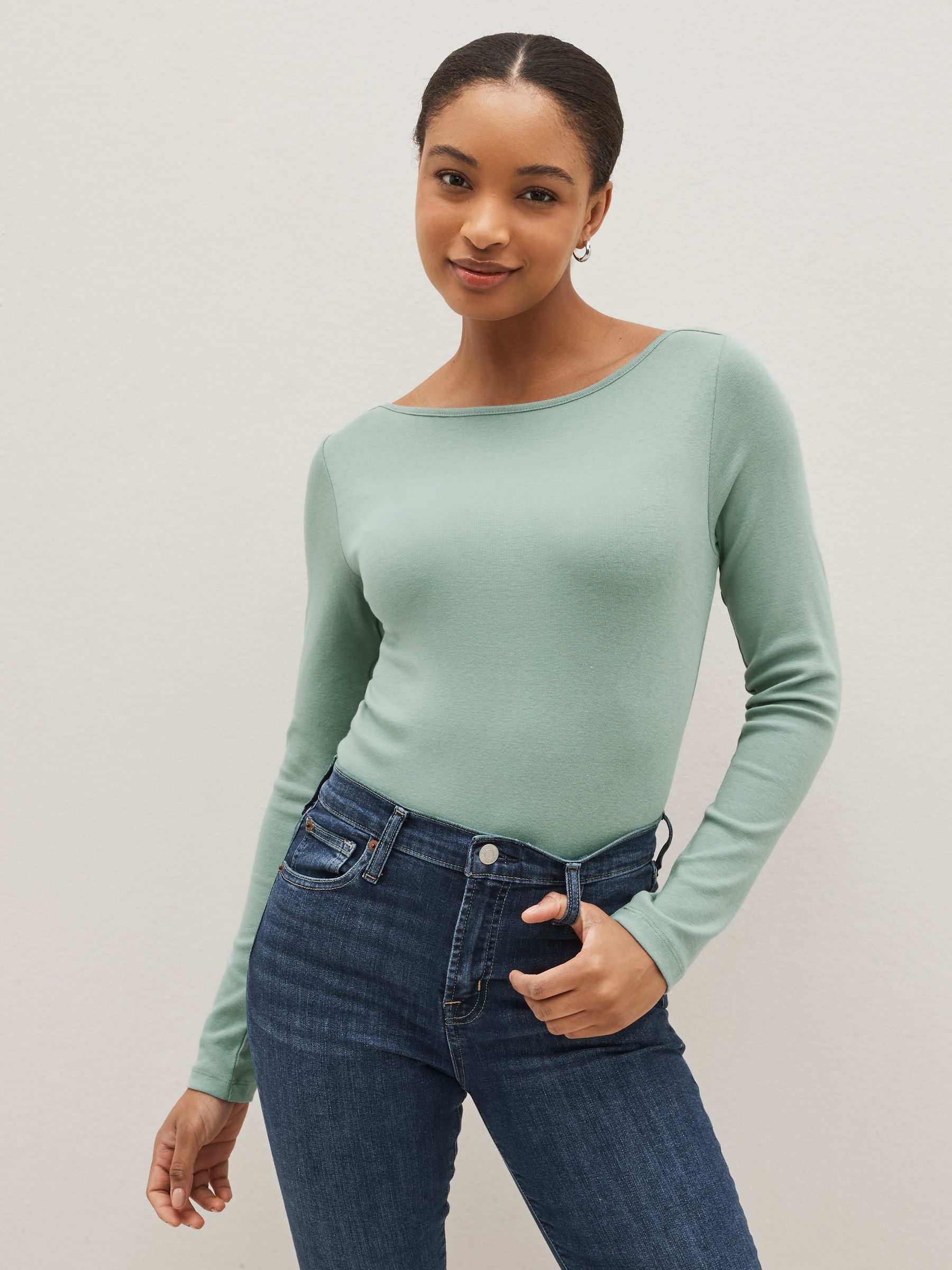 Sage Green Long Sleeve Boat Neck T-Shirt - Image 1 of 1