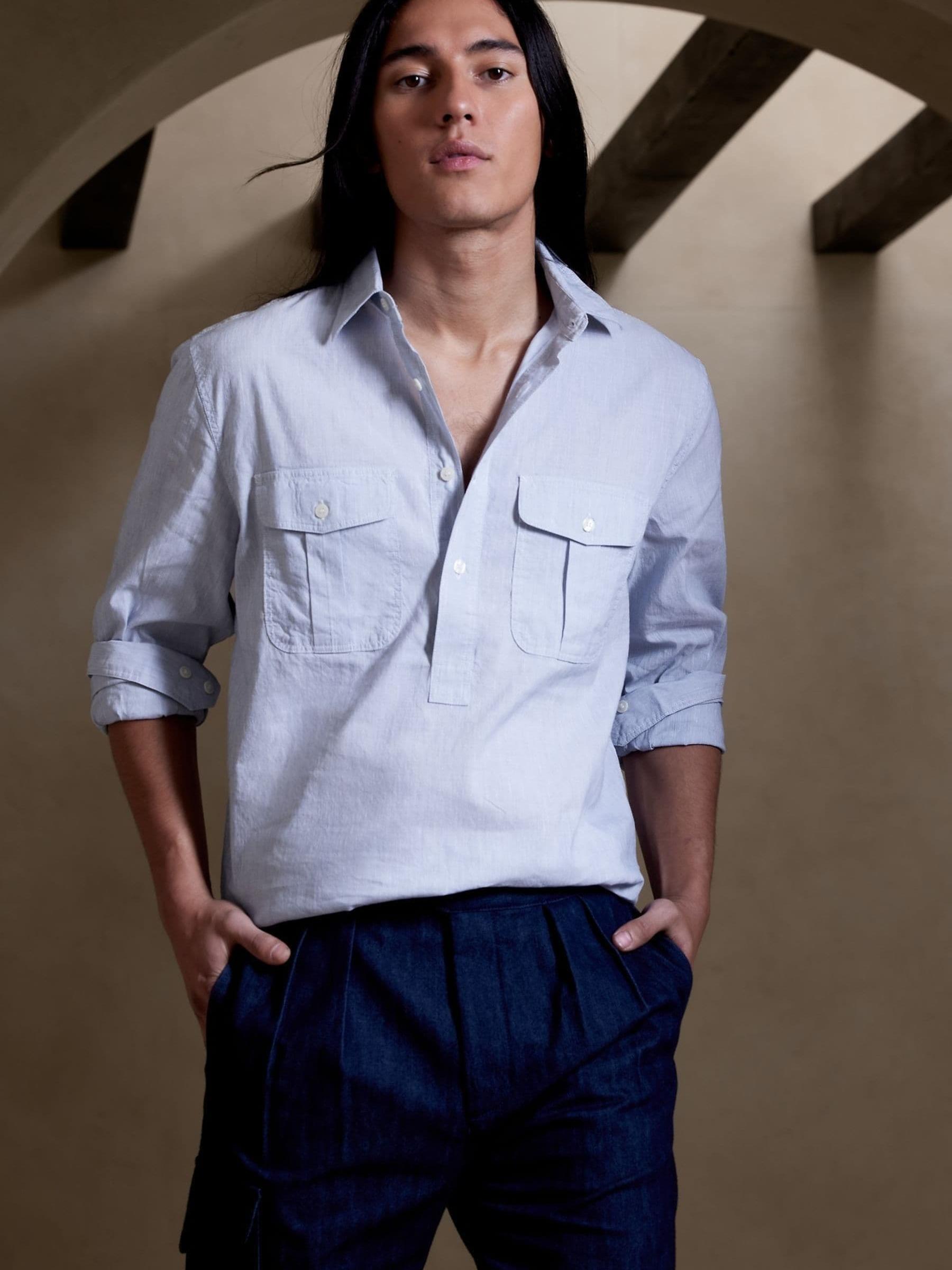 Banana Republic Blue Barre Cotton-Linen Popover Shirt - Image 1 of 4