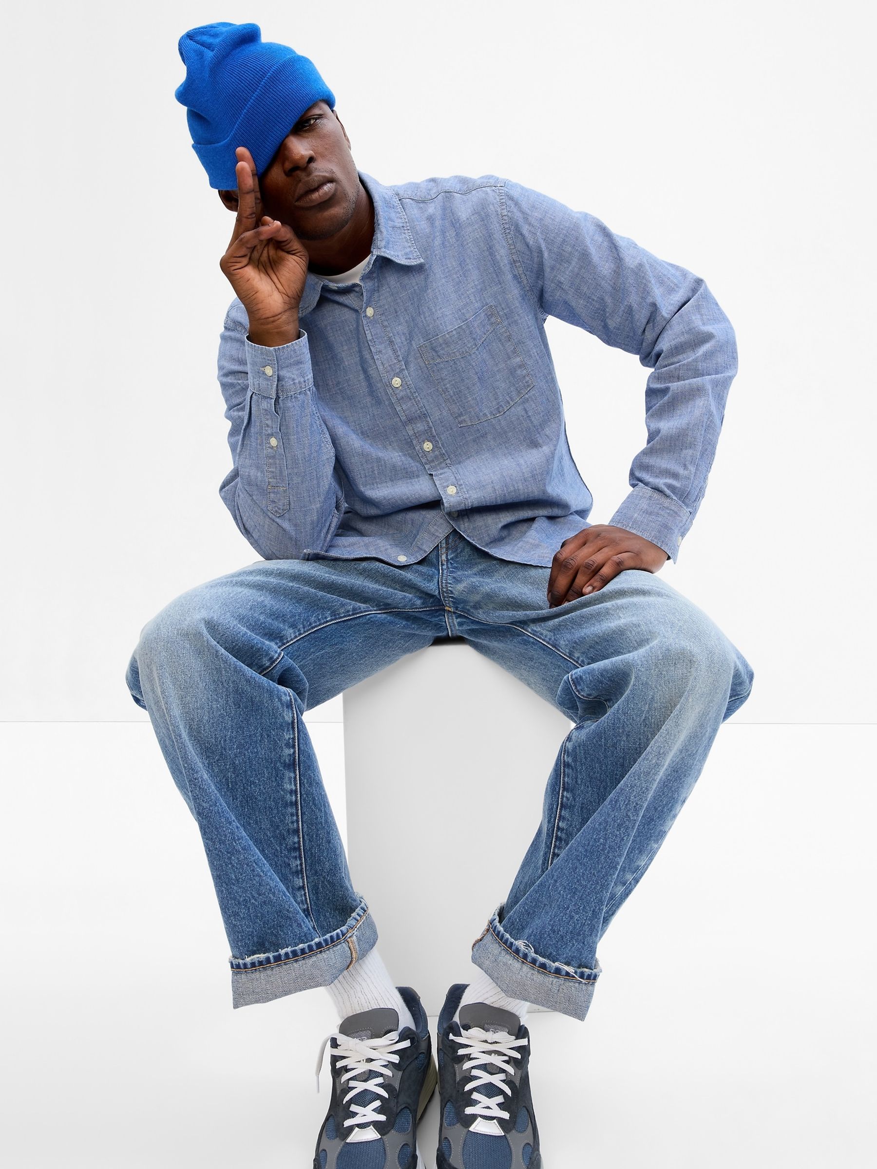 Blue Chambray Shirt in Untucked Fit - Image 1 of 1