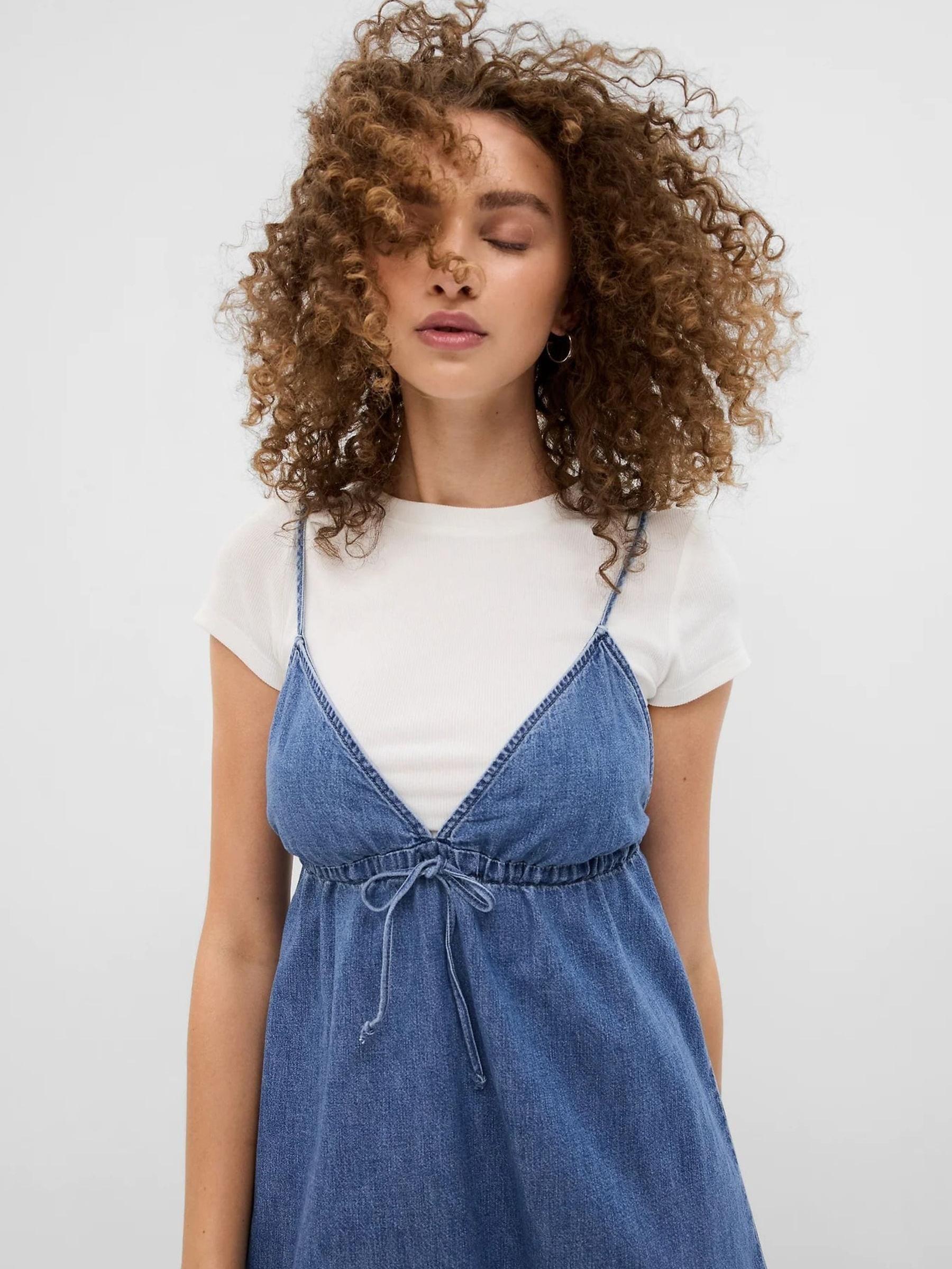 Blue Denim Tie-Front Sleeveless Mini Dress - Image 3 of 5