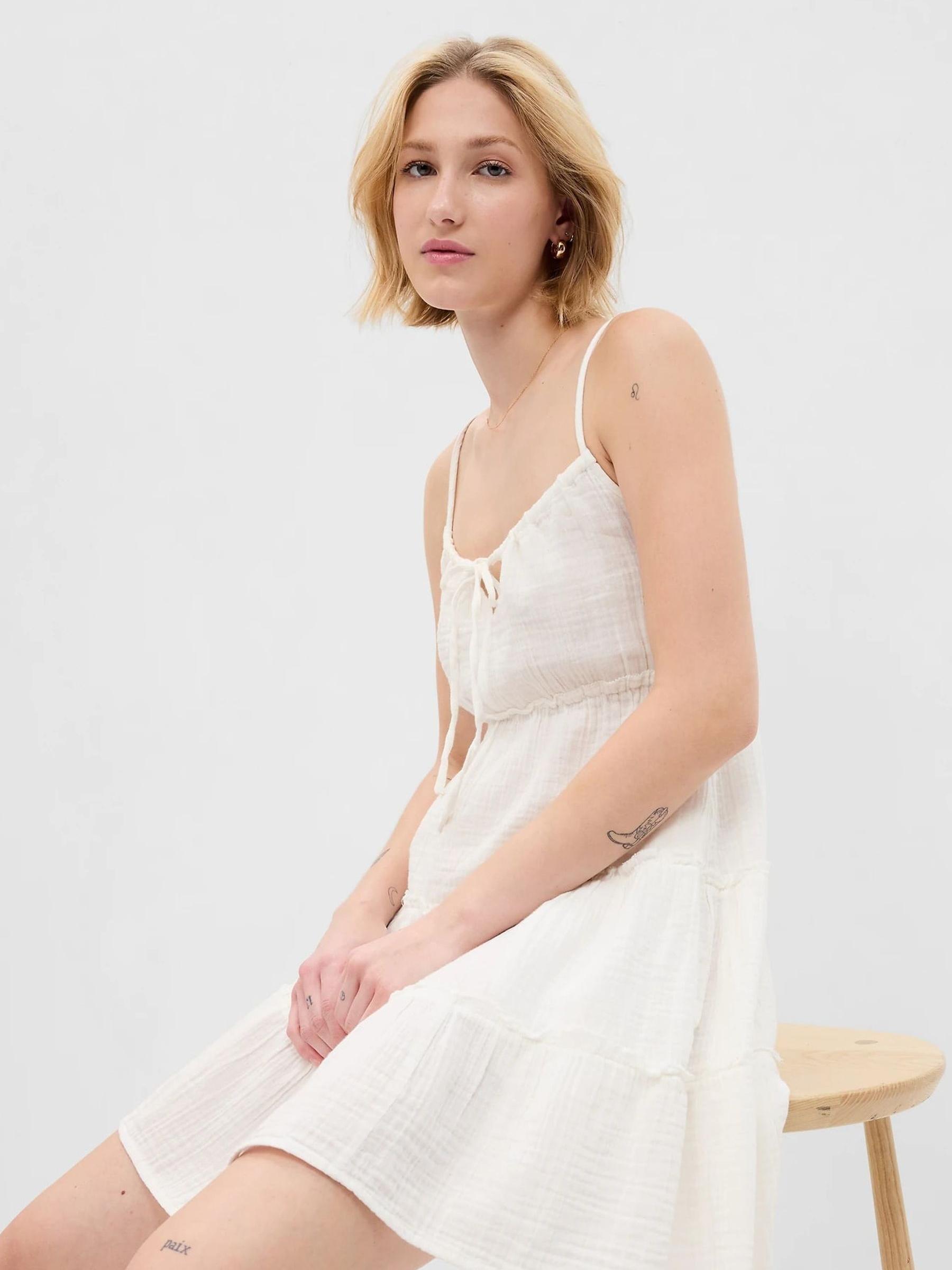 White Crinkle Gauze Tiered Sleeveless Mini Dress - Image 1 of 2