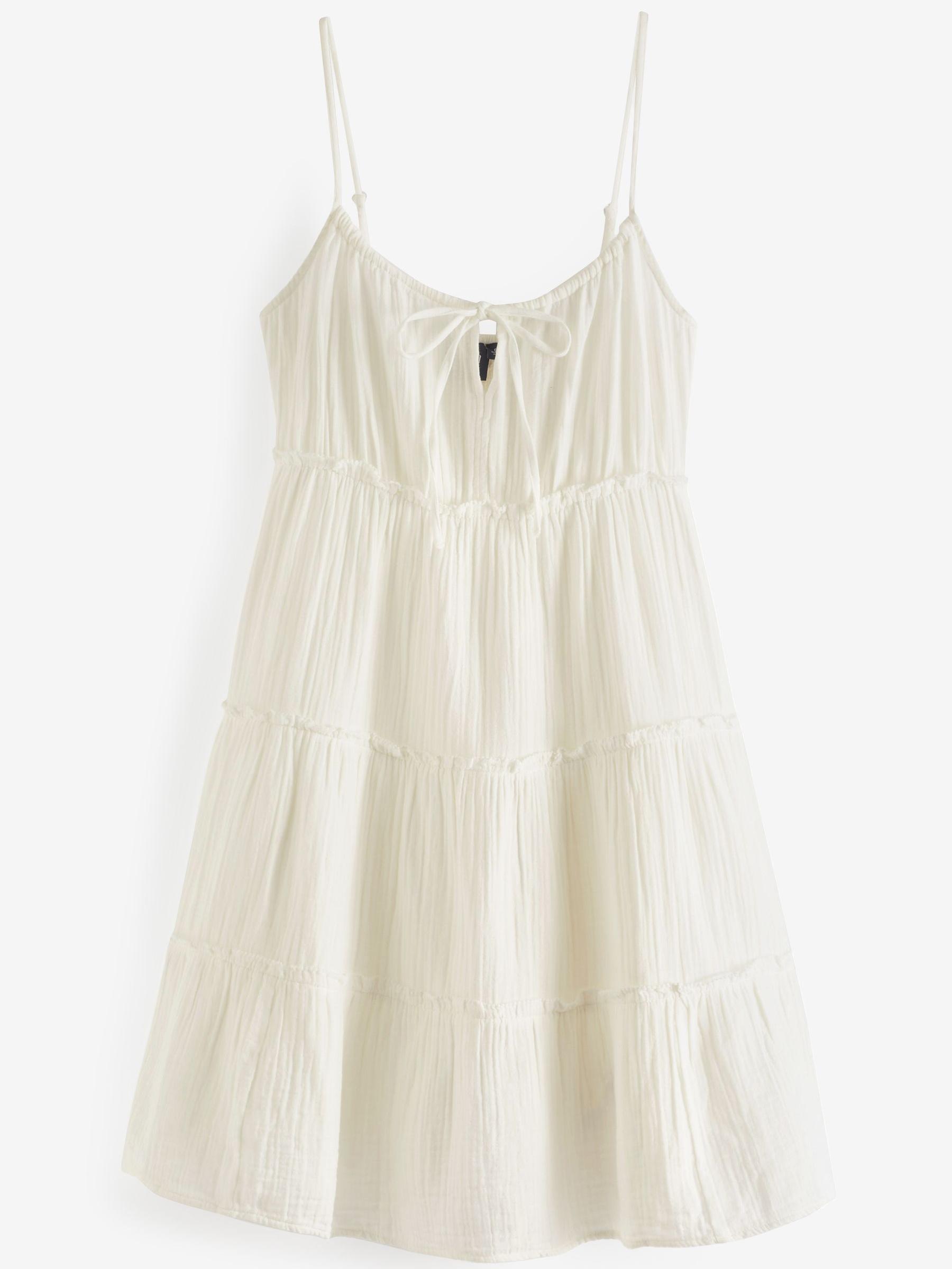 White Crinkle Gauze Tiered Sleeveless Mini Dress - Image 2 of 2