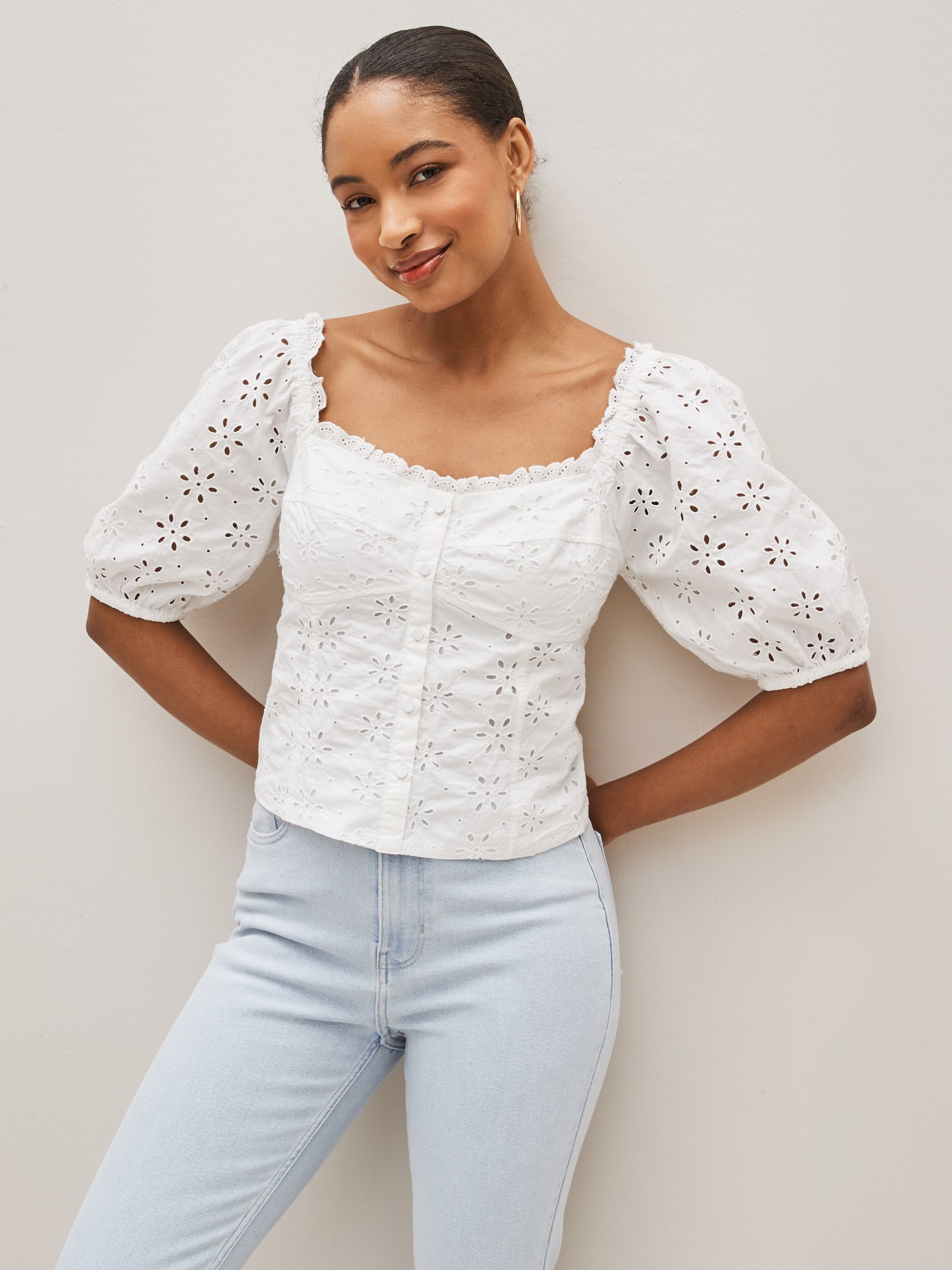White Broderie Square Neck Puff Sleeve Blouse - Image 1 of 4