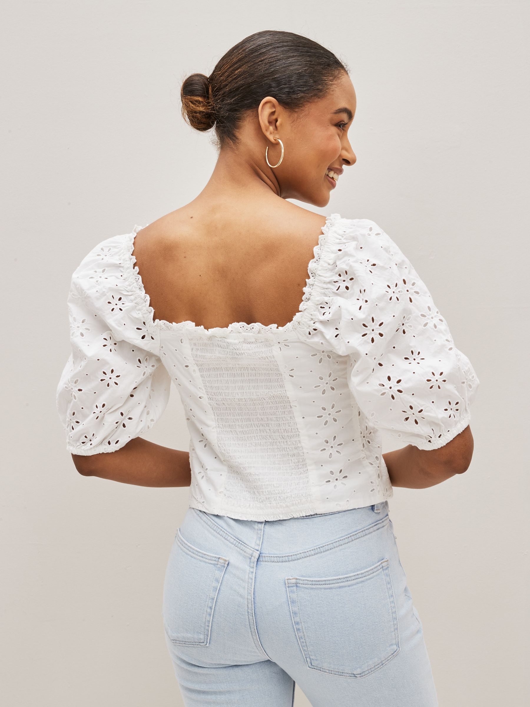 White Broderie Square Neck Puff Sleeve Blouse - Image 2 of 4