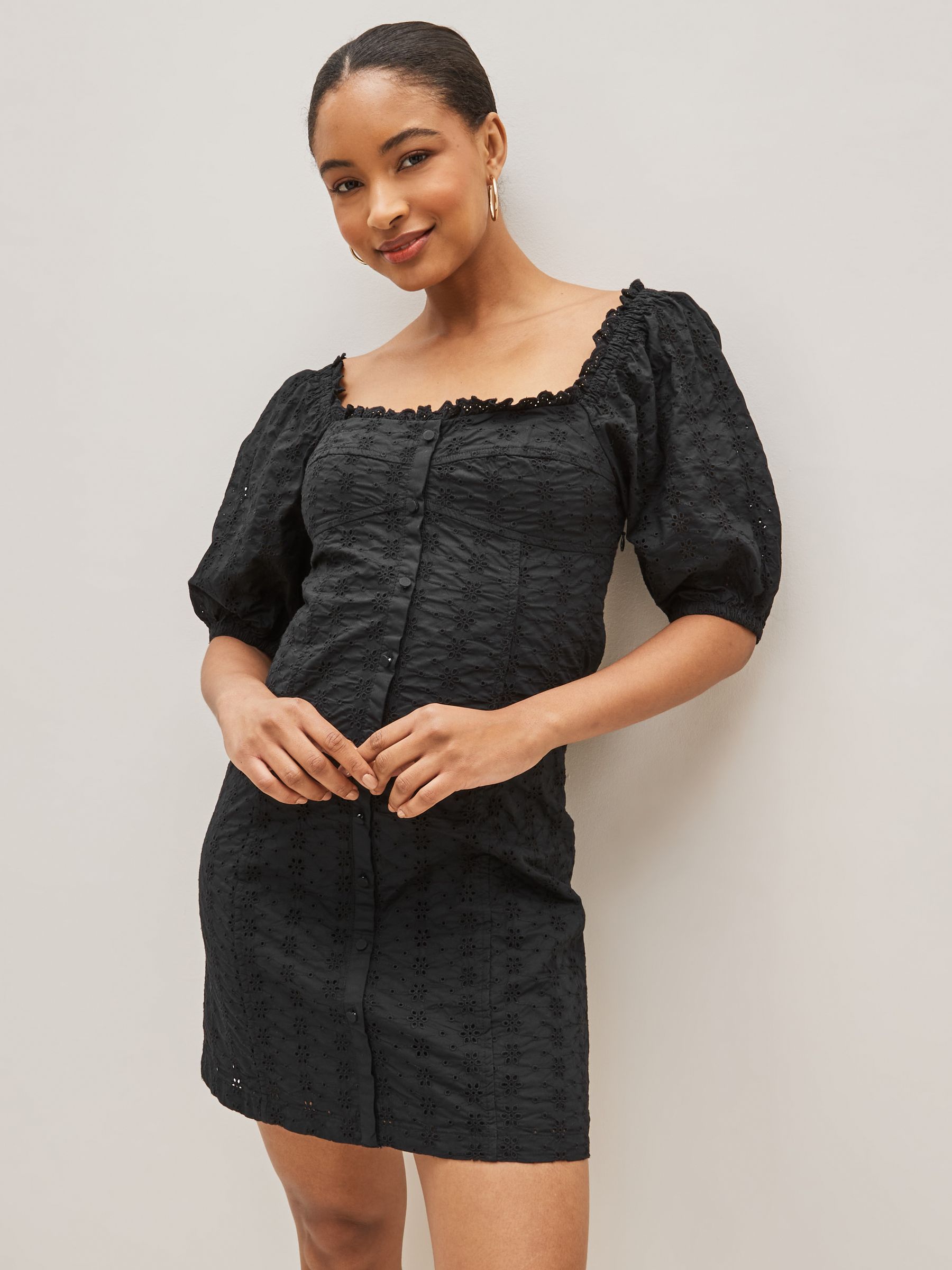 Black Broderie Square Neck Puff Sleeve Mini Dress - Image 1 of 4