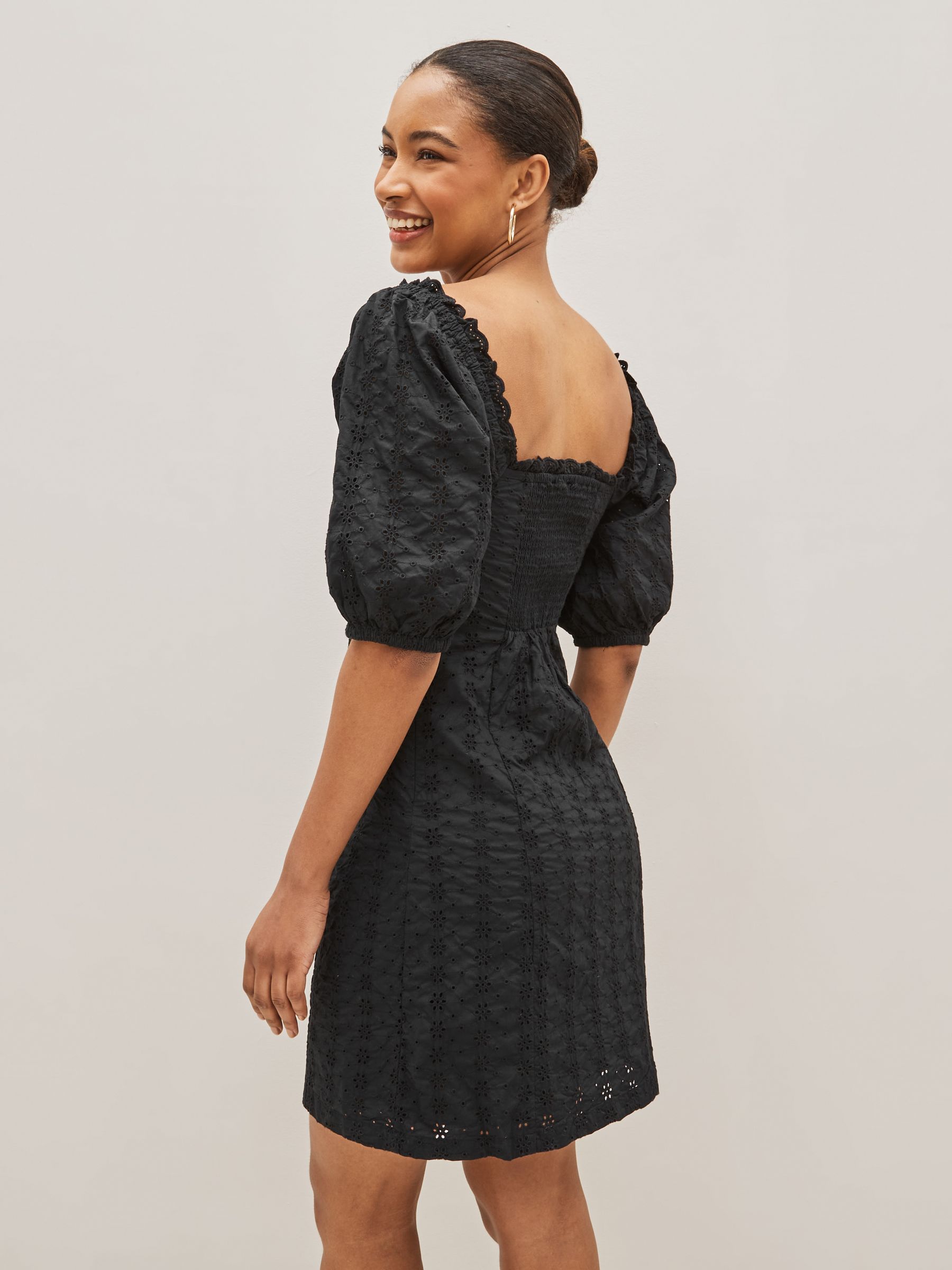 Black Broderie Square Neck Puff Sleeve Mini Dress - Image 2 of 4