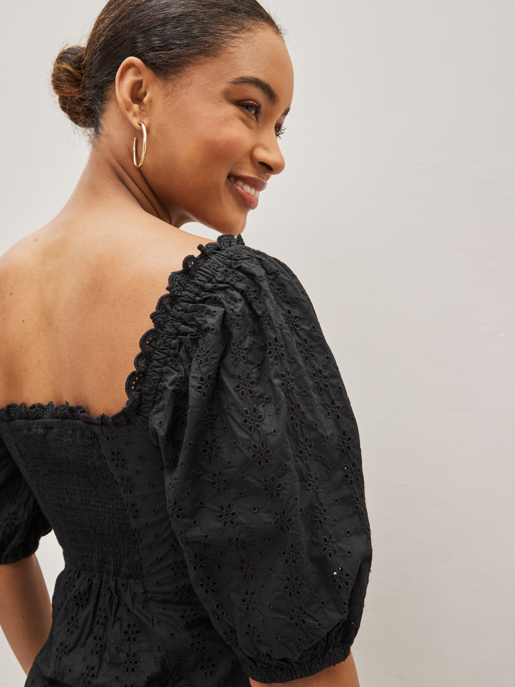 Black Broderie Square Neck Puff Sleeve Mini Dress - Image 3 of 4