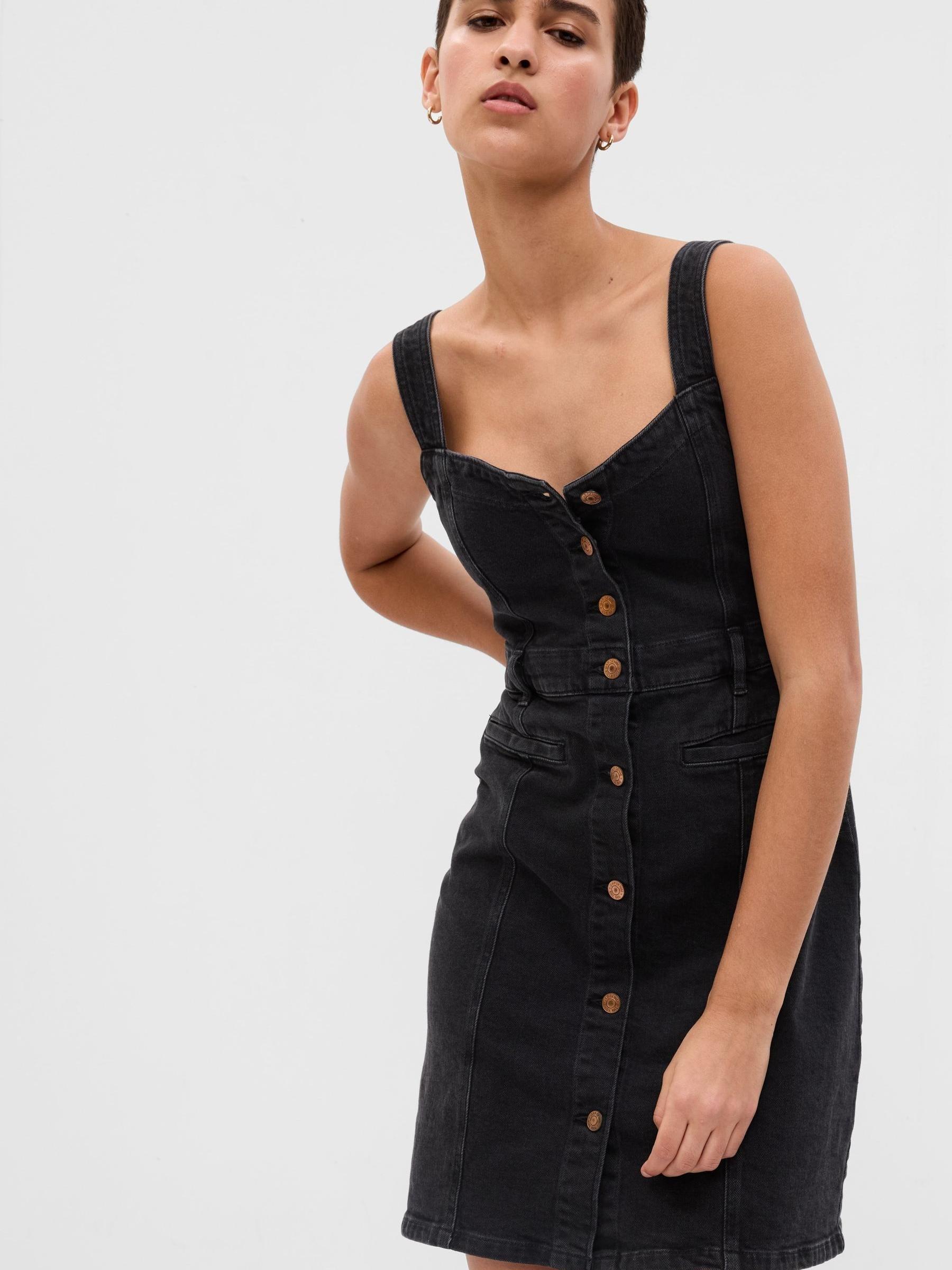 Black Button Front Sleeveless Denim Mini Dress - Image 1 of 1