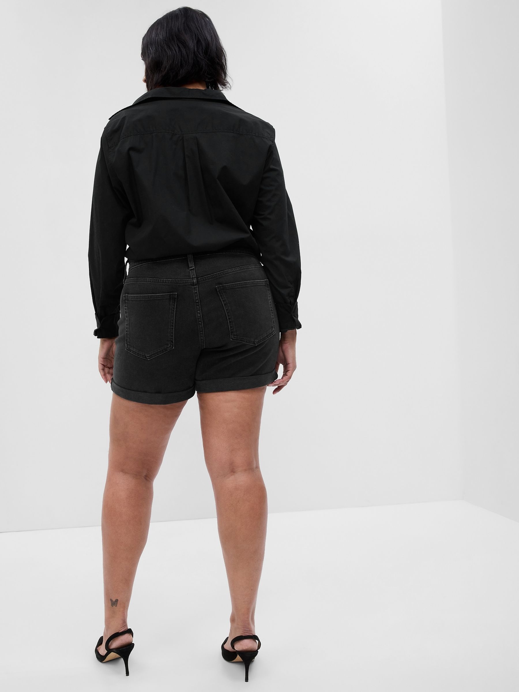 Black Light Destructed Denim Mid Rise Girlfriend Shorts - Image 4 of 5