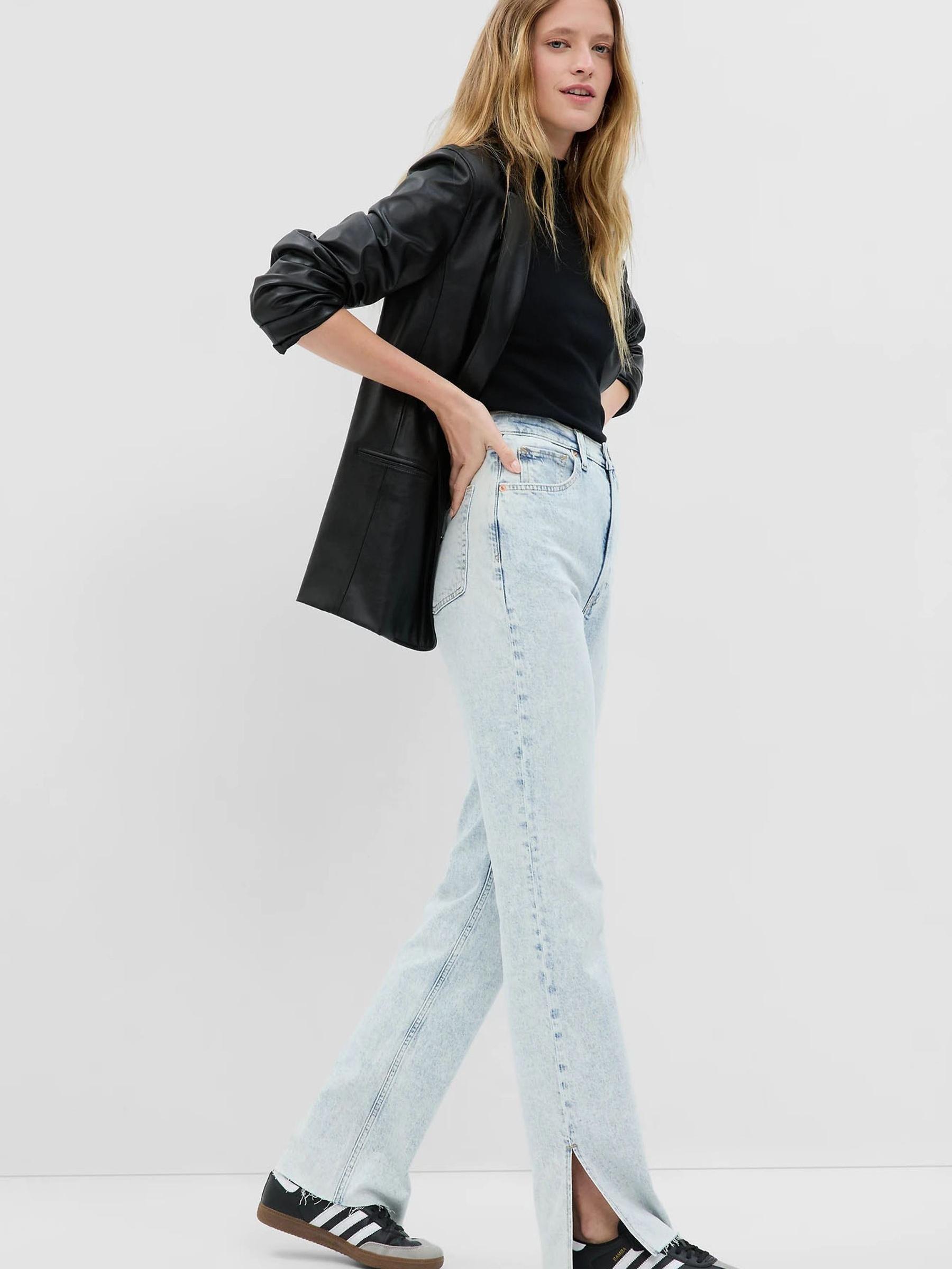 Light Wash Blue High Waisted Loose Fit Split Hem Jeans - Image 1 of 4