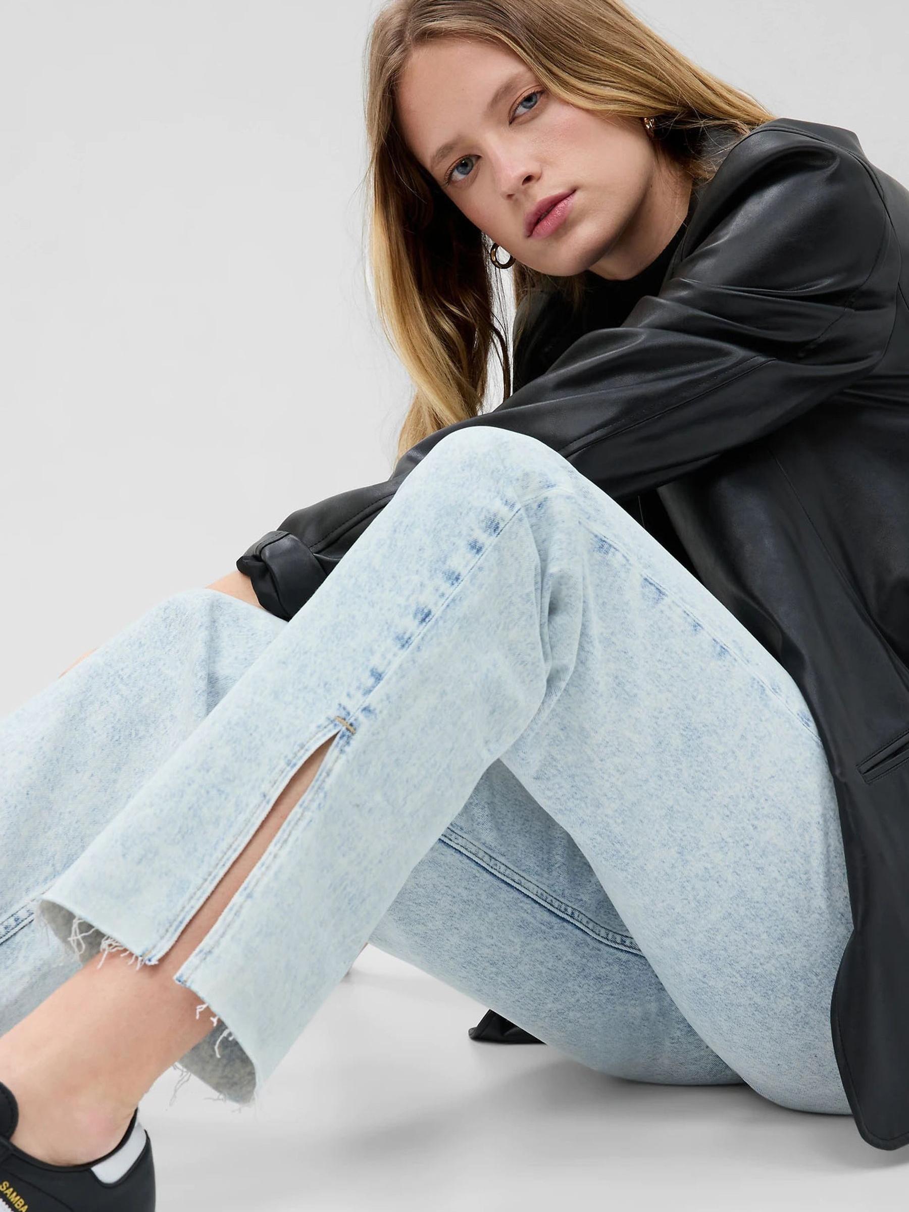Light Wash Blue High Waisted Loose Fit Split Hem Jeans - Image 3 of 4