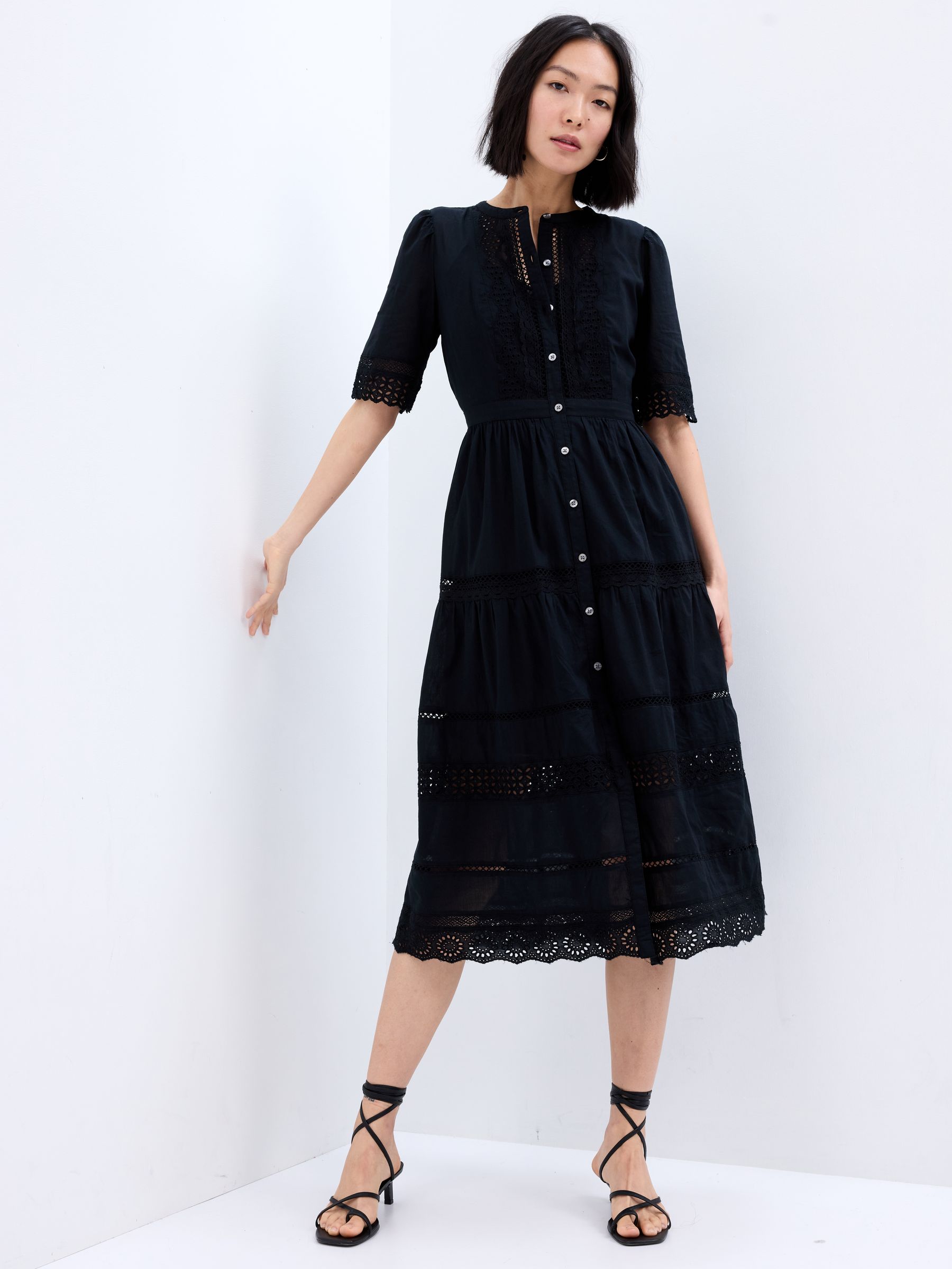 Black Lace Button-Up Short Sleeve Midi Dress - Image 1 of 3