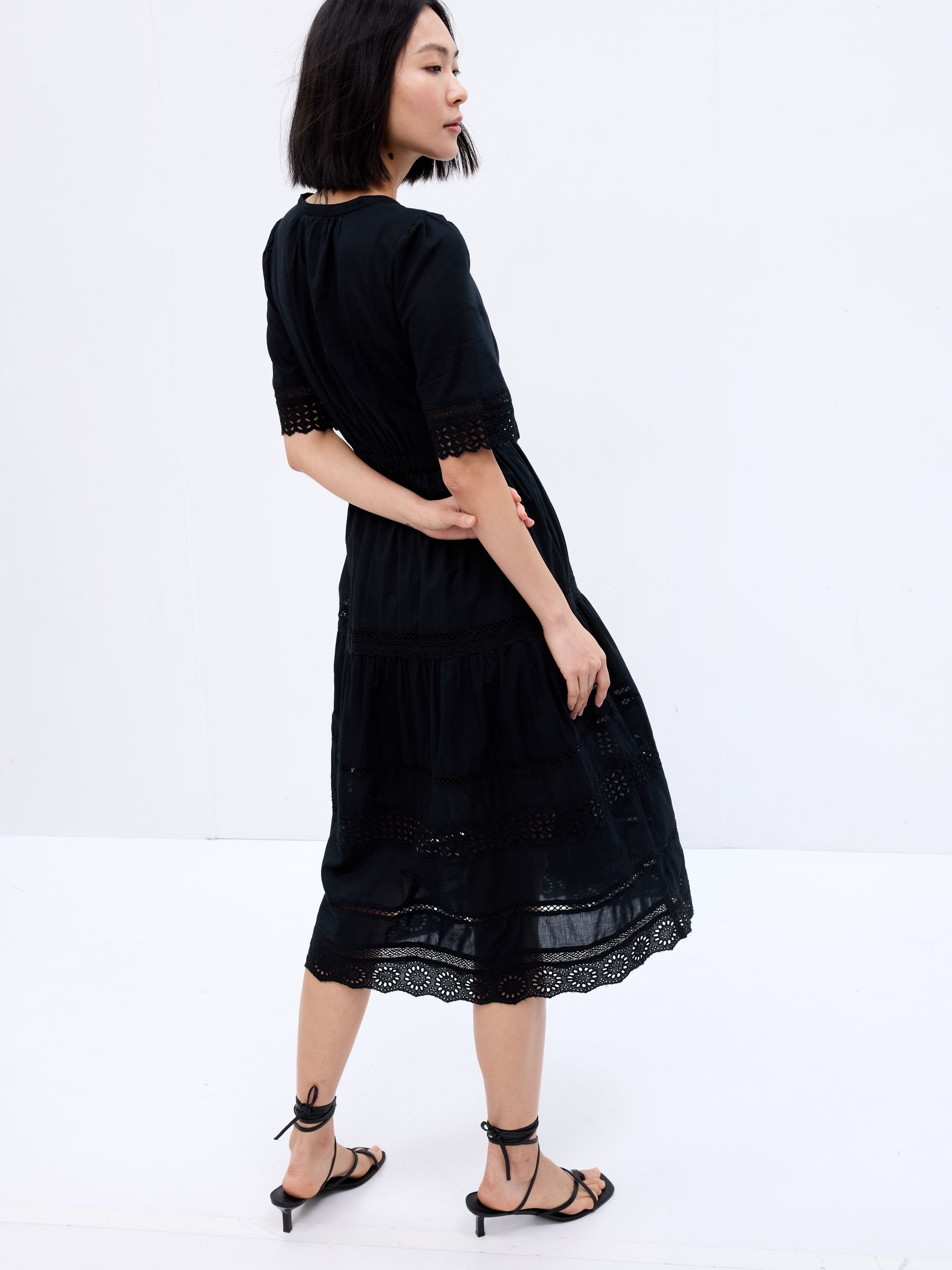 Black Lace Button-Up Short Sleeve Midi Dress - Image 2 of 3