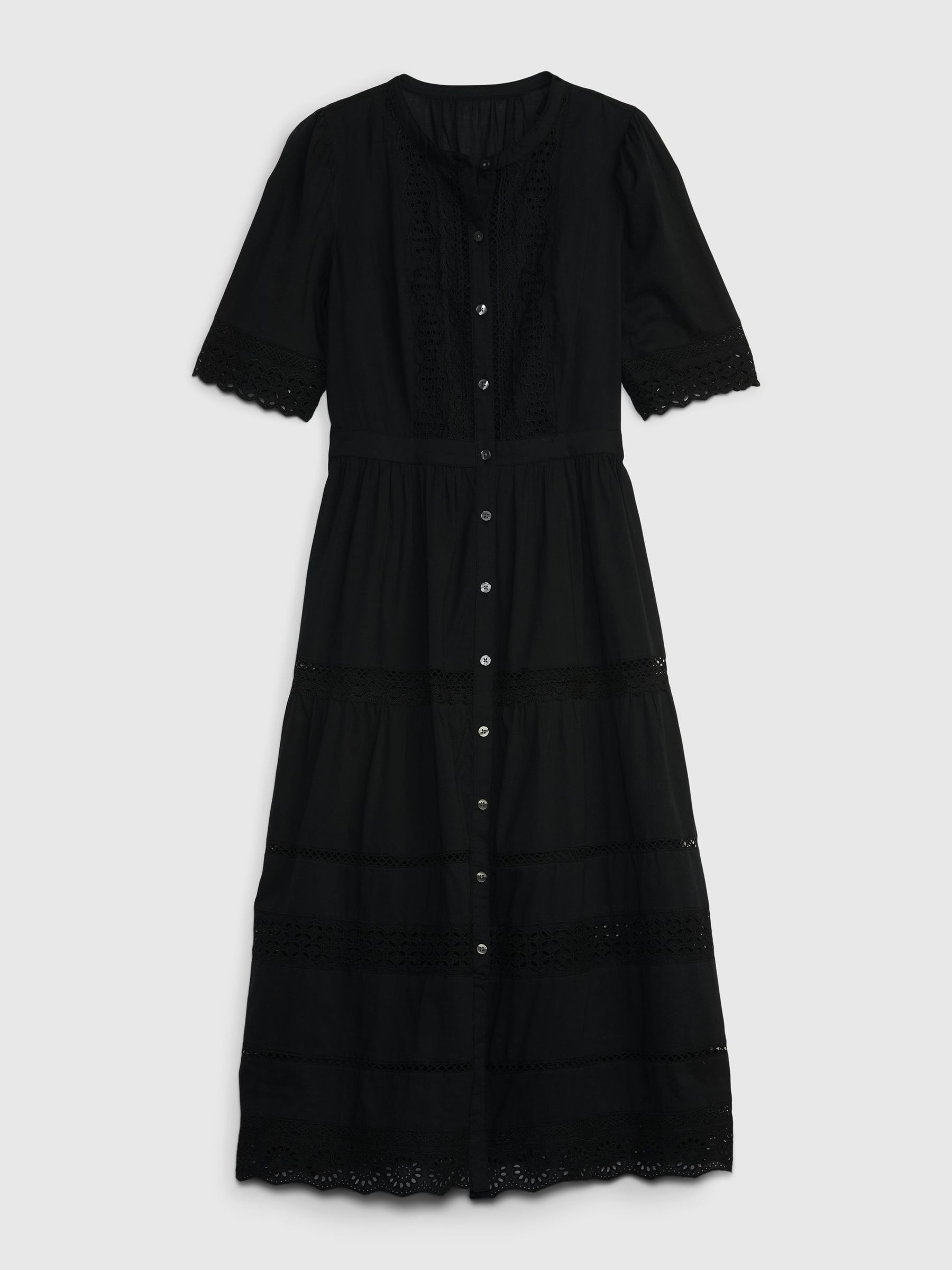 Black Lace Button-Up Short Sleeve Midi Dress - Image 3 of 3