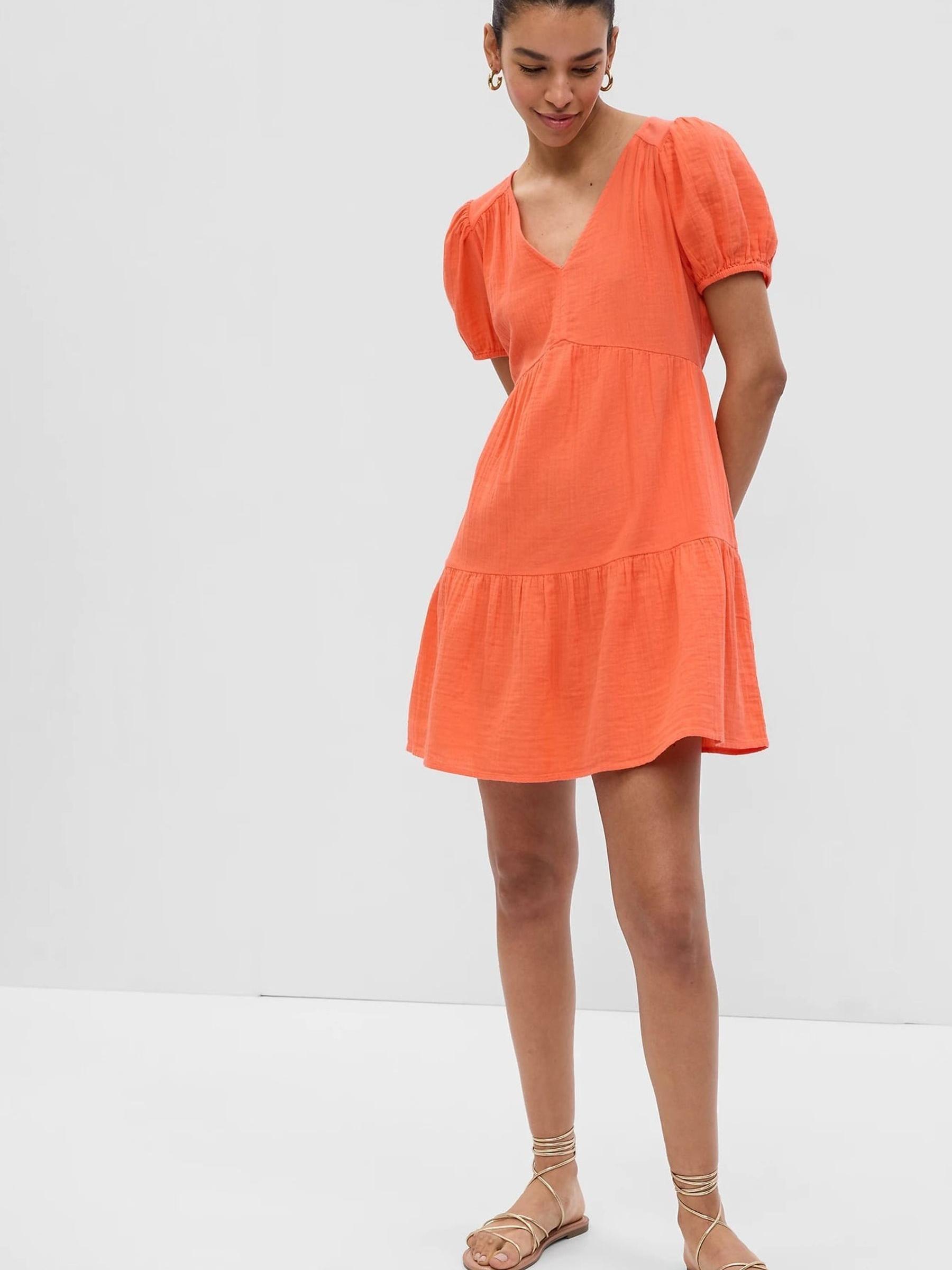 Orange Crinkle Gauze Puff Sleeve Tiered Mini Dress - Image 1 of 3