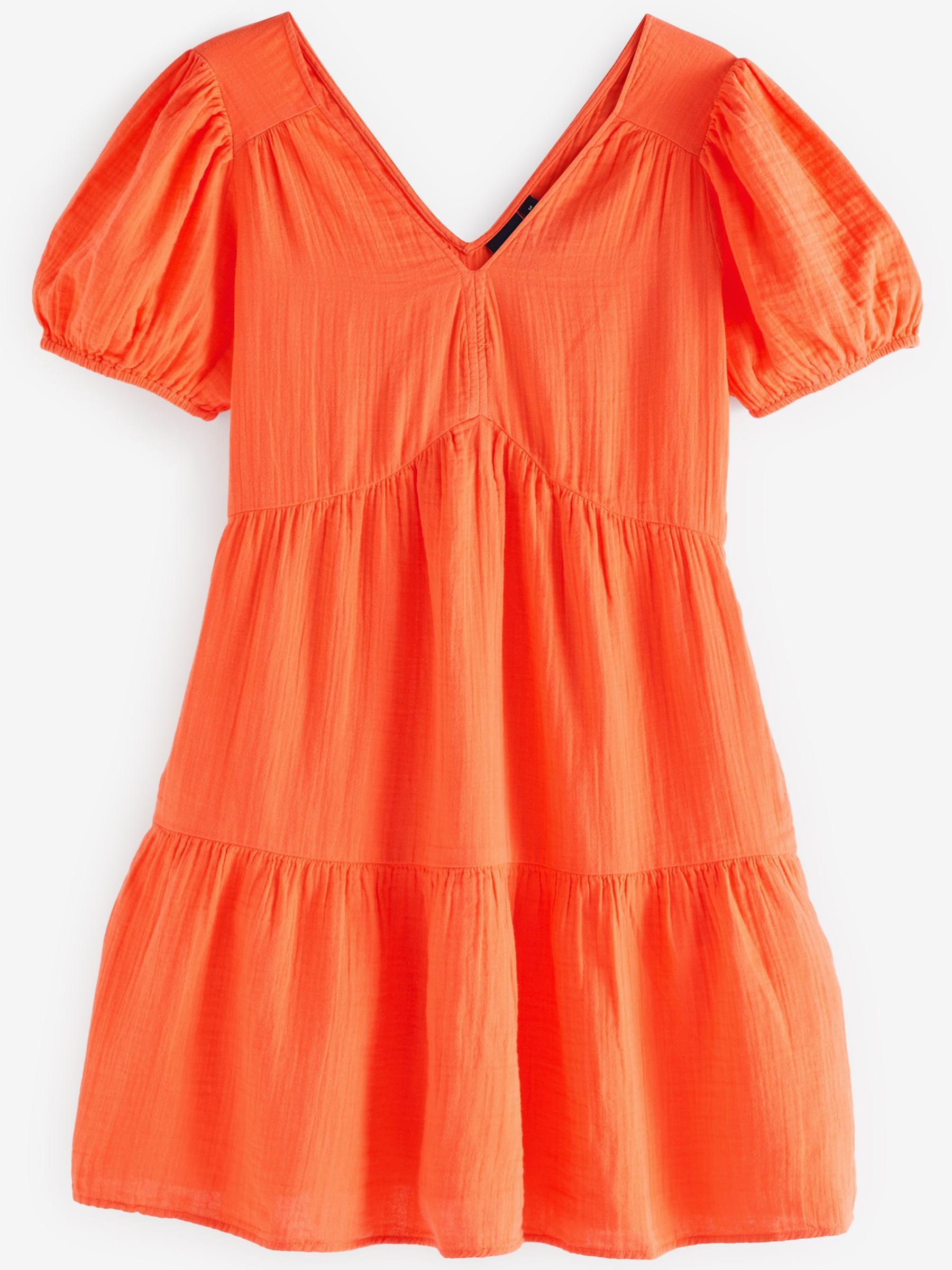 Orange Crinkle Gauze Puff Sleeve Tiered Mini Dress - Image 3 of 3