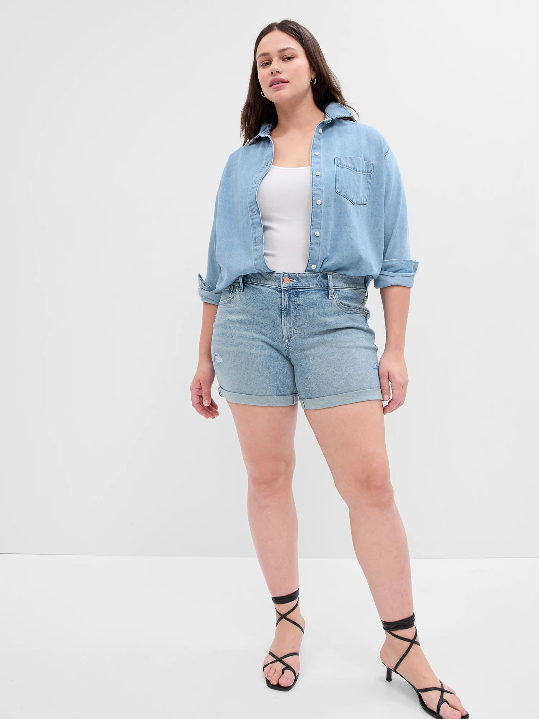 Light Wash Blue Mid Rise Distressed Denim Shorts - Image 3 of 3