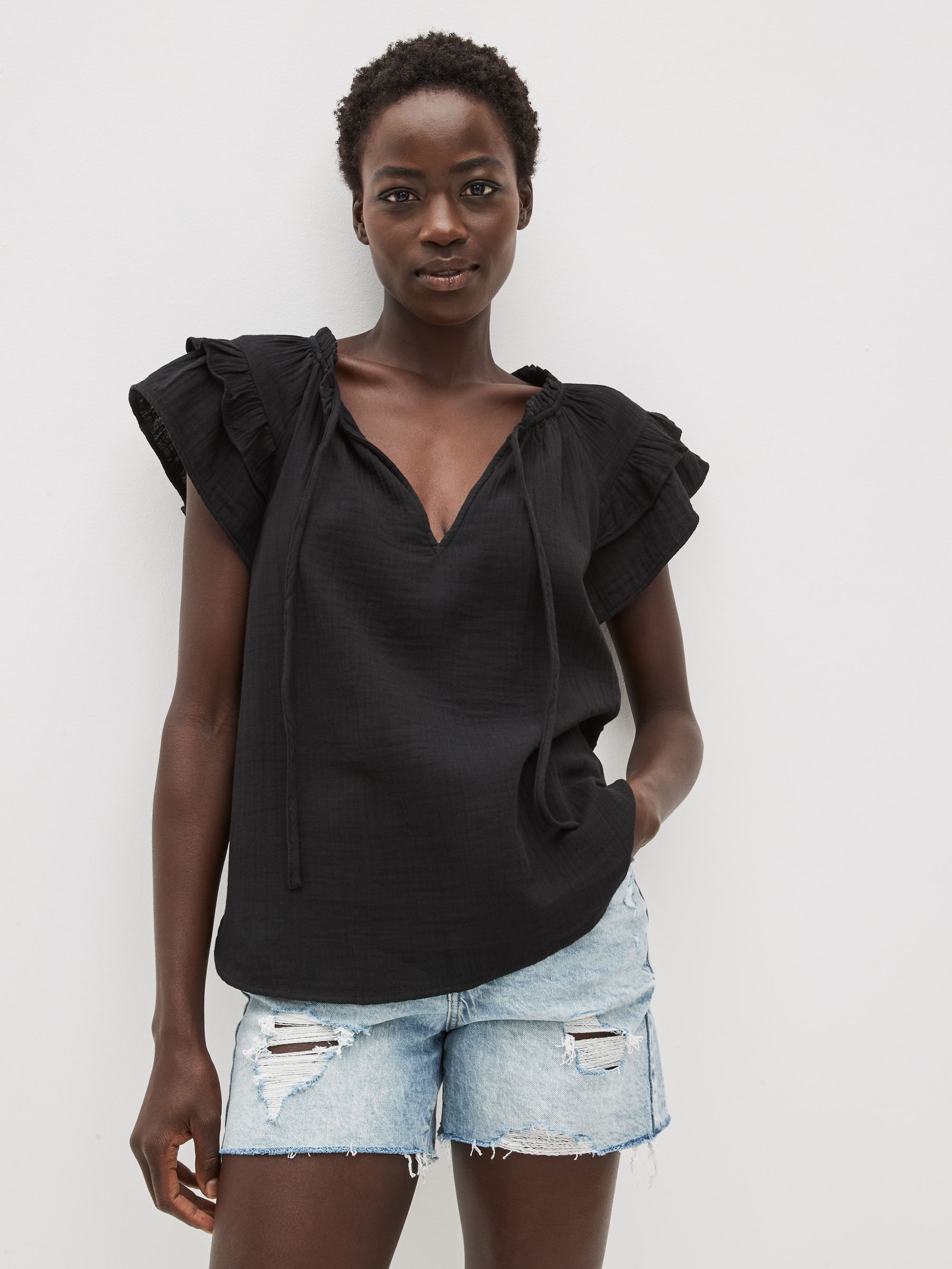 Black Crinkle Gauze Flutter Sleeve Top - Image 1 of 6