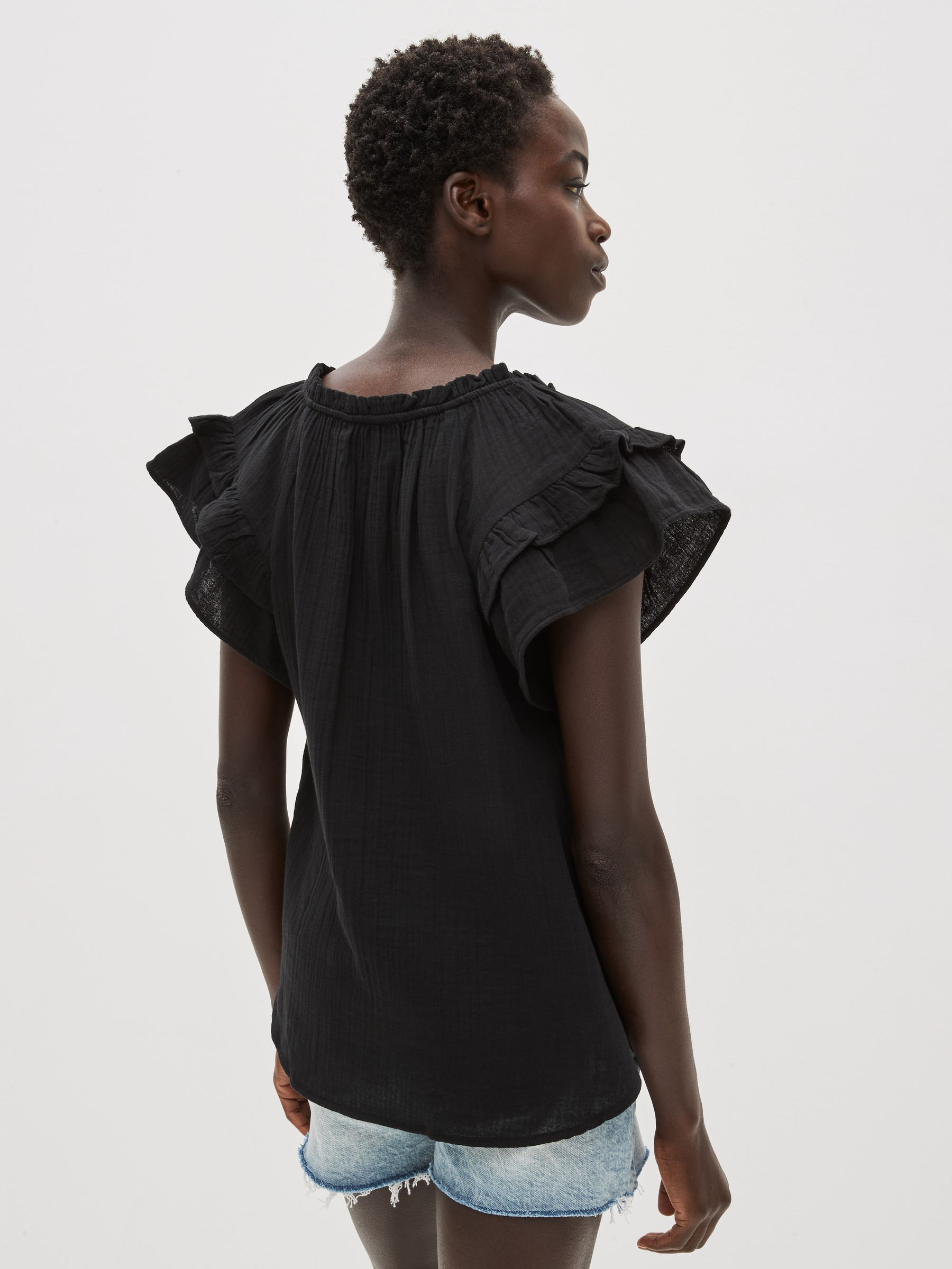 Black Crinkle Gauze Flutter Sleeve Top - Image 2 of 6