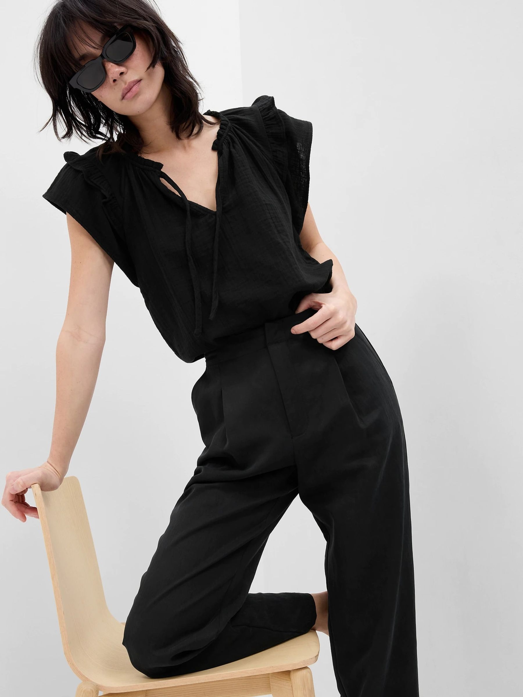 Black Crinkle Gauze Flutter Sleeve Top - Image 4 of 6
