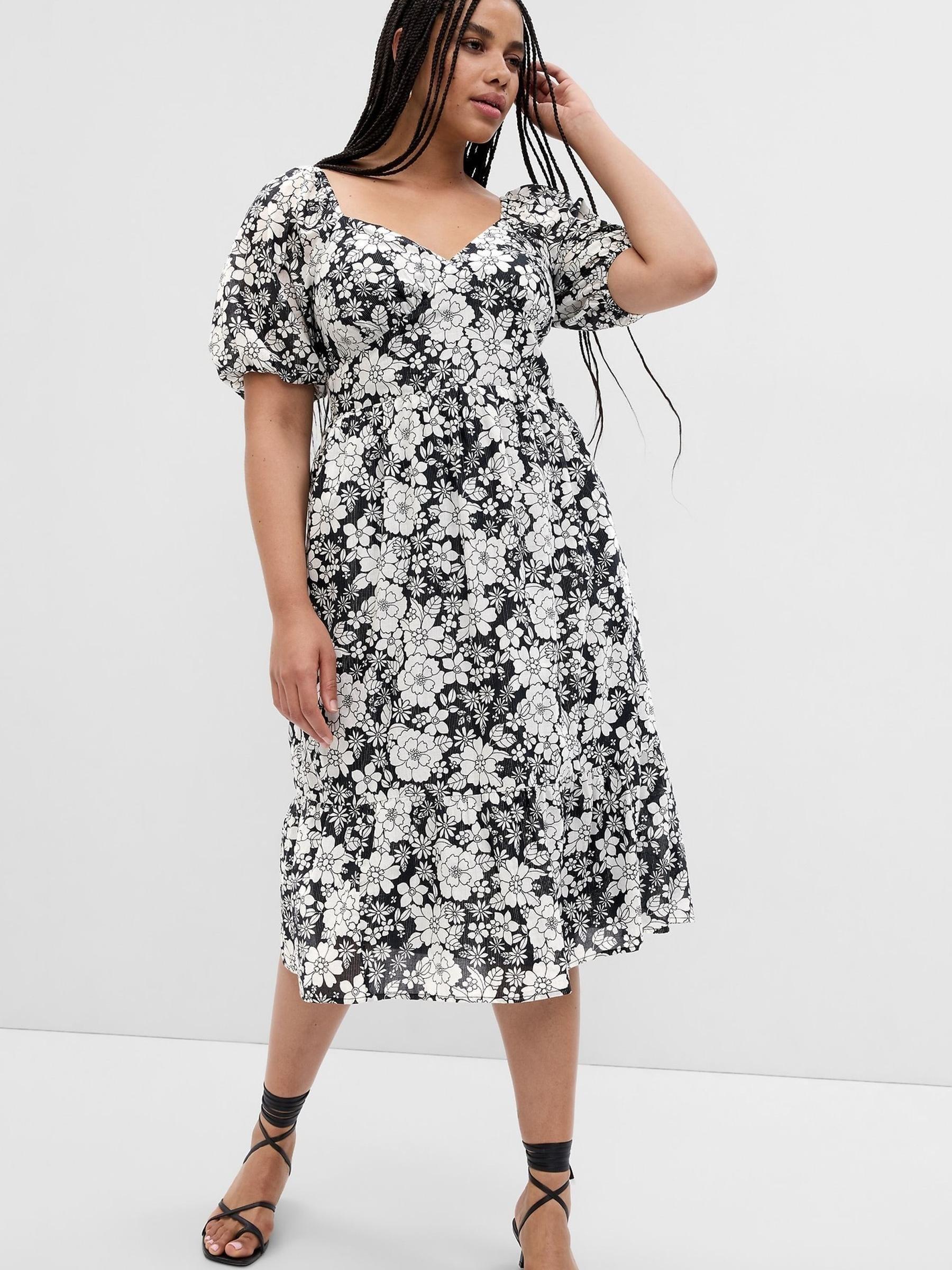 Black/White Floral Metallic Puff Short Sleeve Midi Dress - Image 1 of 4