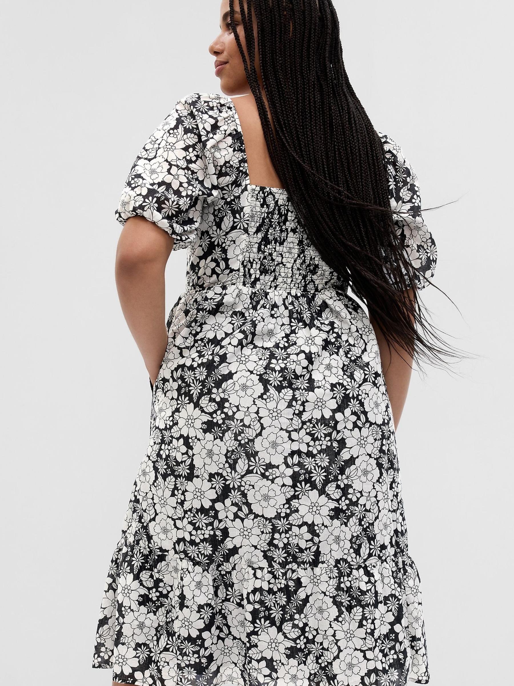 Black/White Floral Metallic Puff Short Sleeve Midi Dress - Image 2 of 4