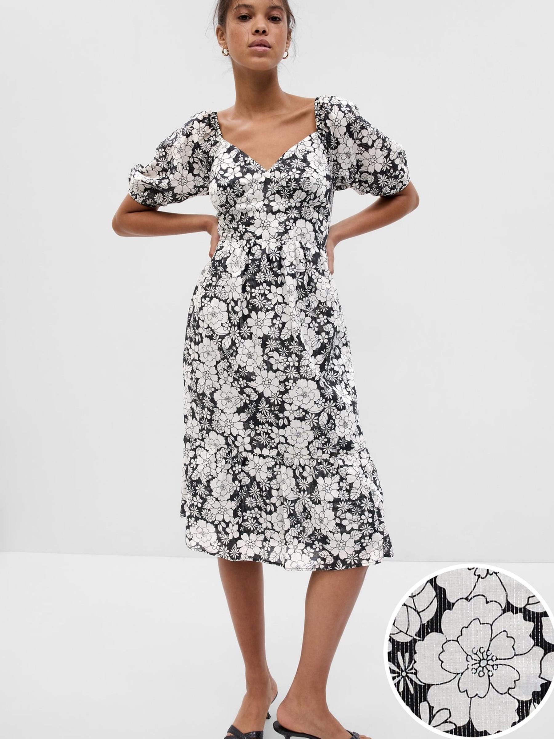 Black/White Floral Metallic Puff Short Sleeve Midi Dress - Image 3 of 4