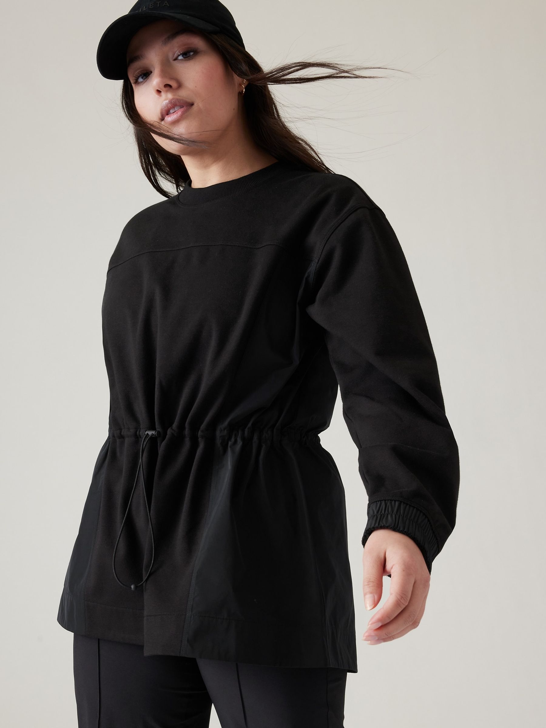 Athleta Black Crew Neck Cinched Lightweight Sweatshirt - Image 1 of 7