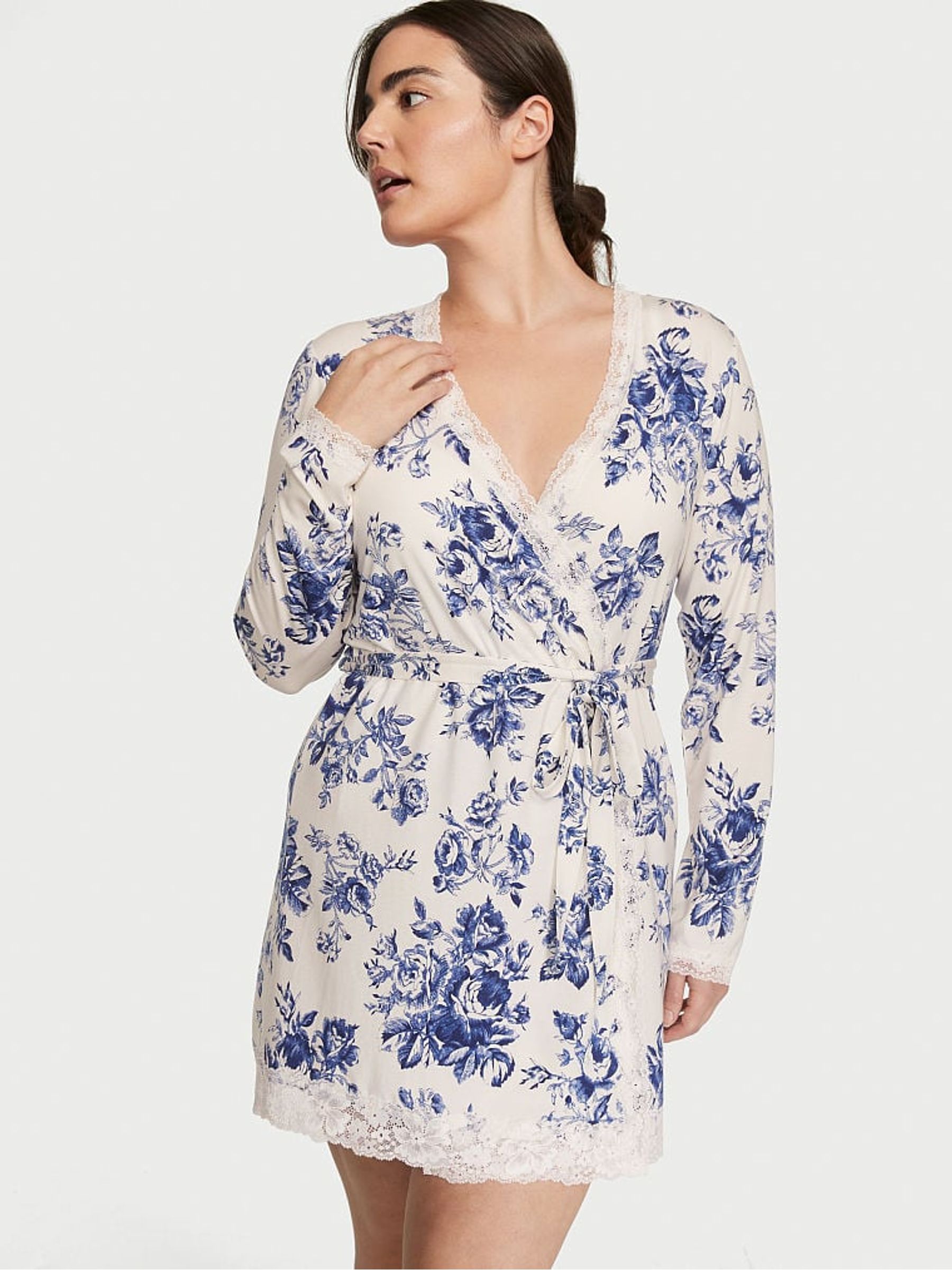 White Rose Toile Modal Lace Trim Robe - Image 1 of 3
