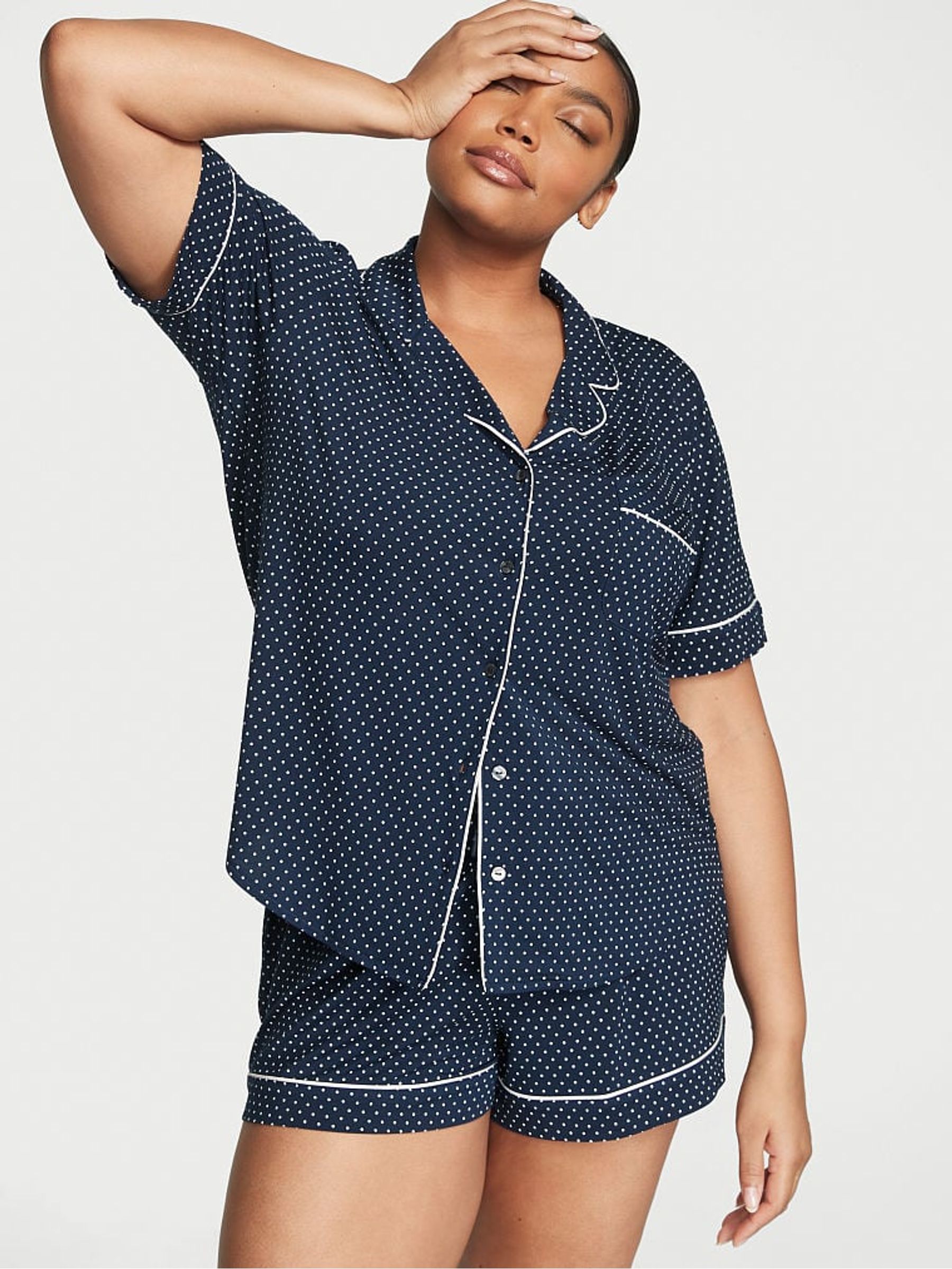 Noir Navy Blue Pin Dot Modal Short Pyjamas - Image 1 of 3