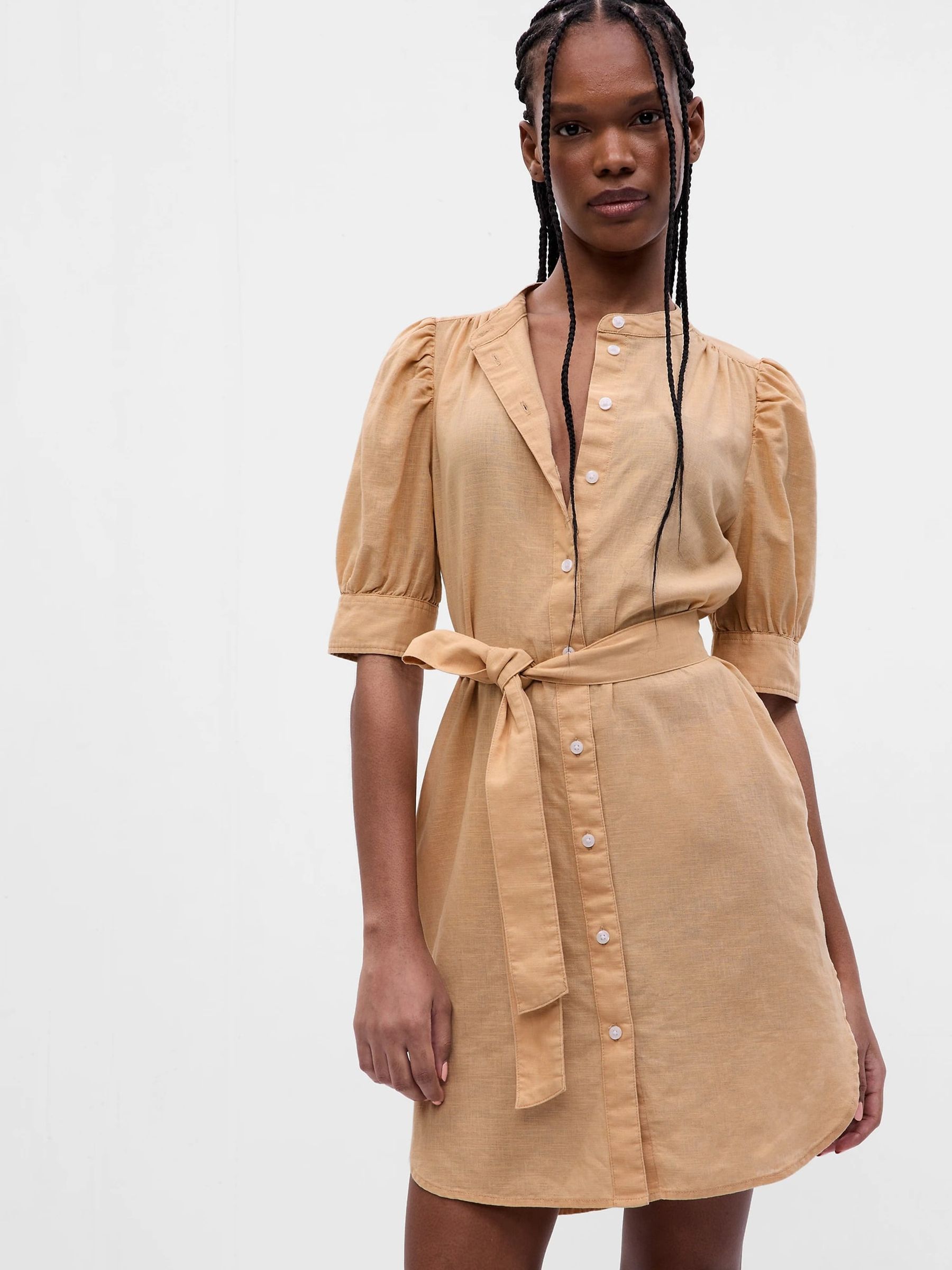 Brown Puff Mid Sleeve LinenCotton Shirtdress - Image 1 of 1