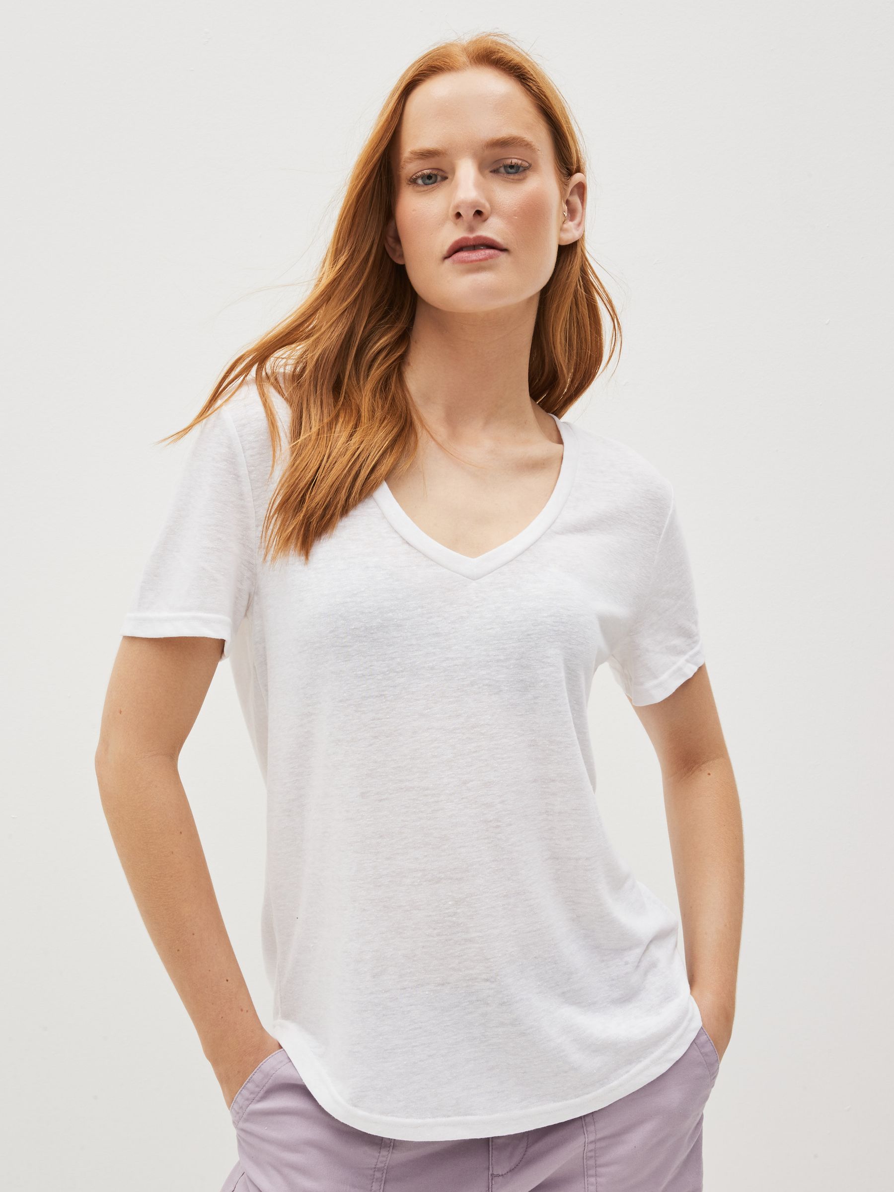 White Linen Blend Scoop Neck Short Sleeve T-Shirt - Image 2 of 5