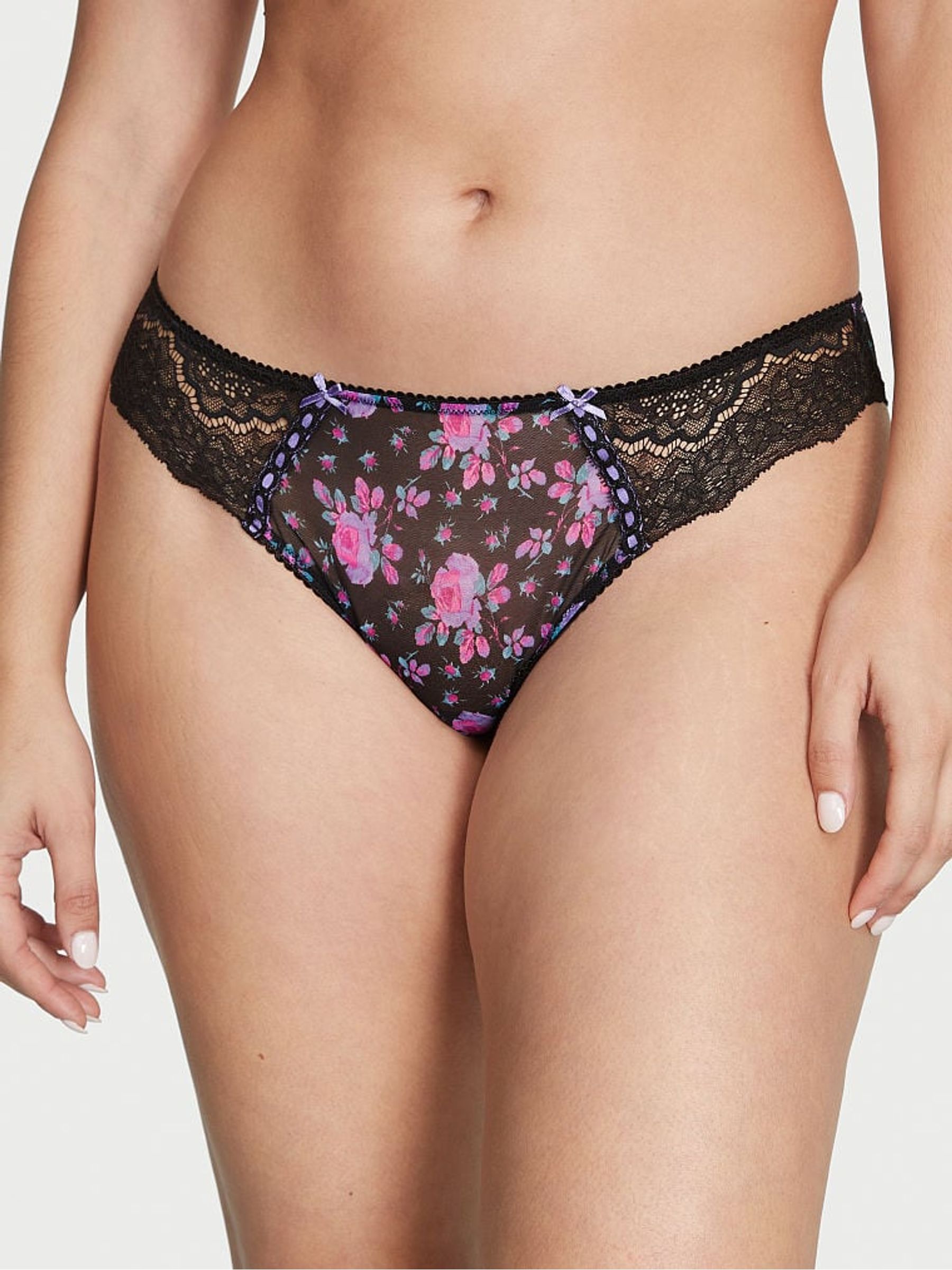 Black Floral Ribbon Slot Lace Cheeky Knickers - Image 1 of 3