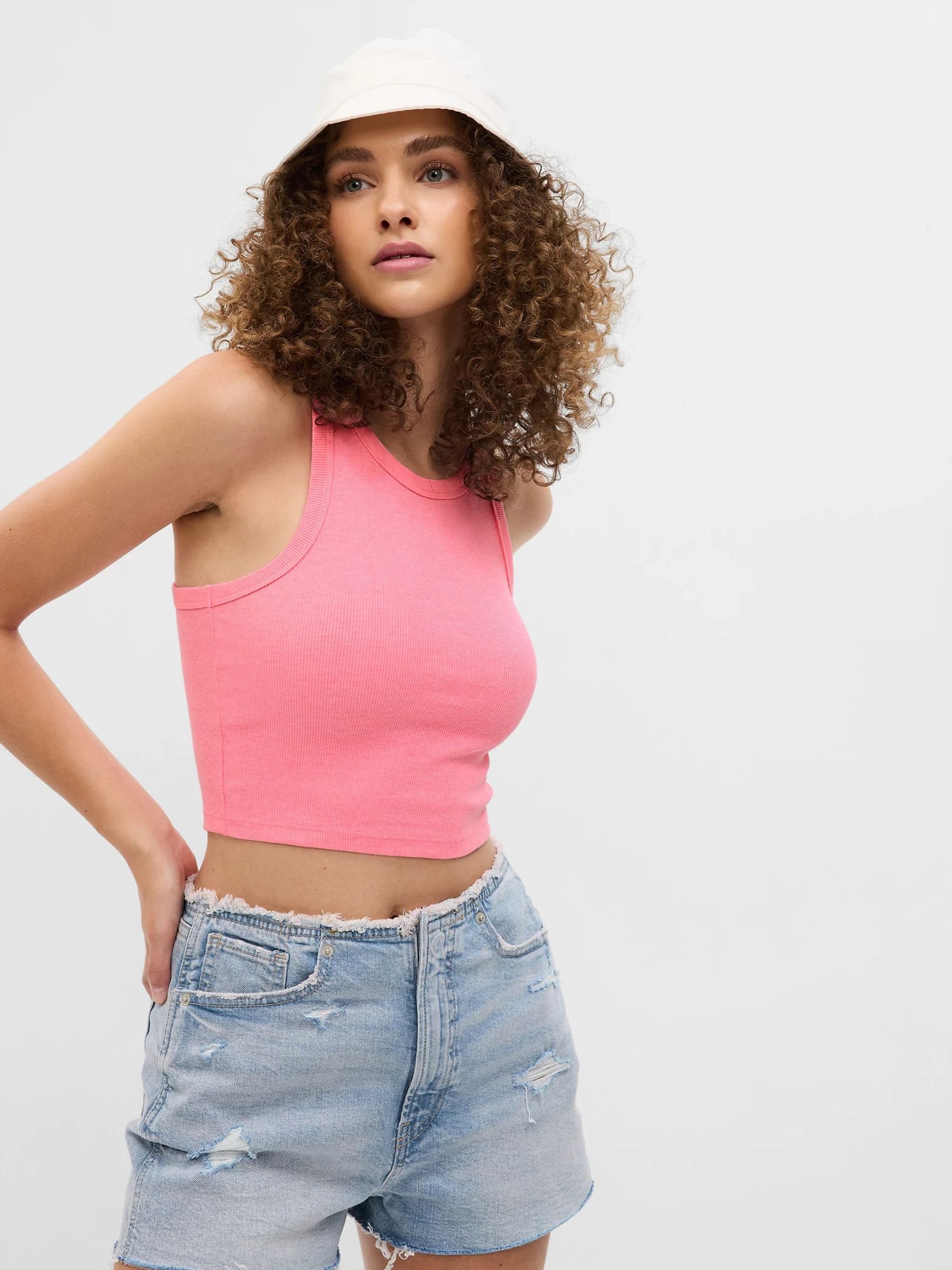 Pink Cropped Rib Tank Top - Image 1 of 1