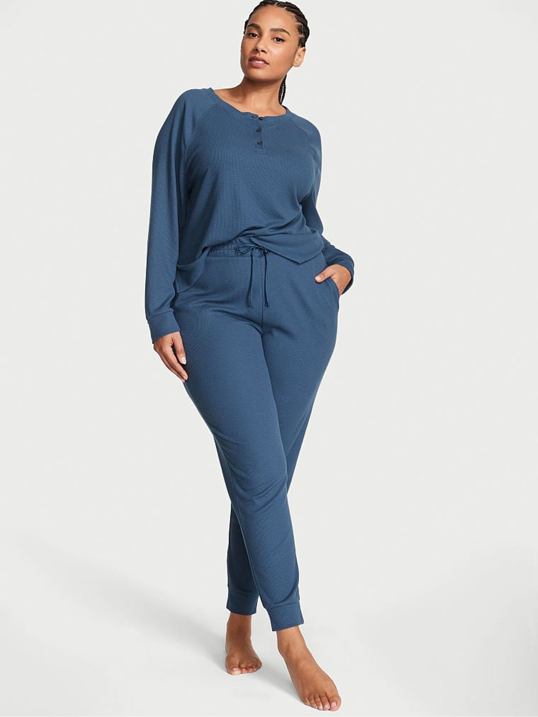 Midnight Sea Blue Waffle Long Pyjamas - Image 1 of 3