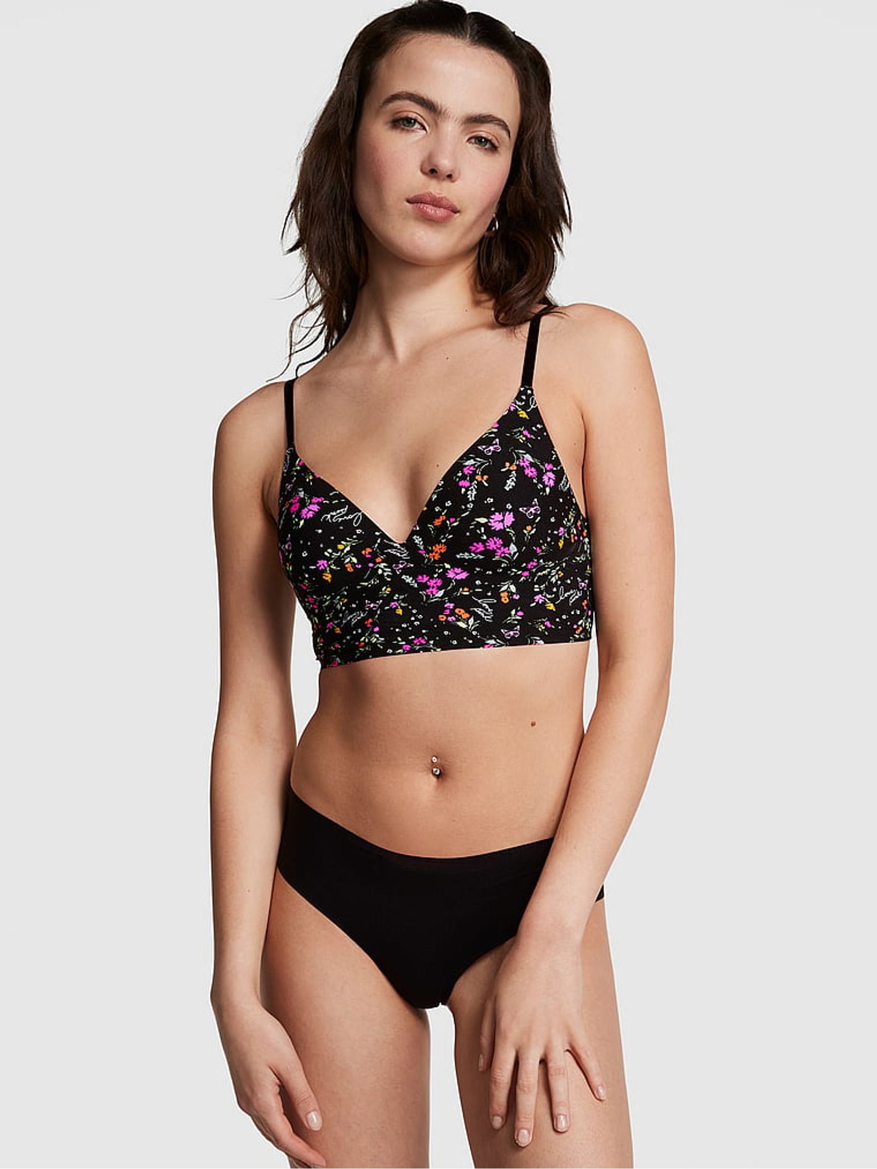 Pure Black Floral Non Wired Push Up Lounge Bralette - Image 1 of 4