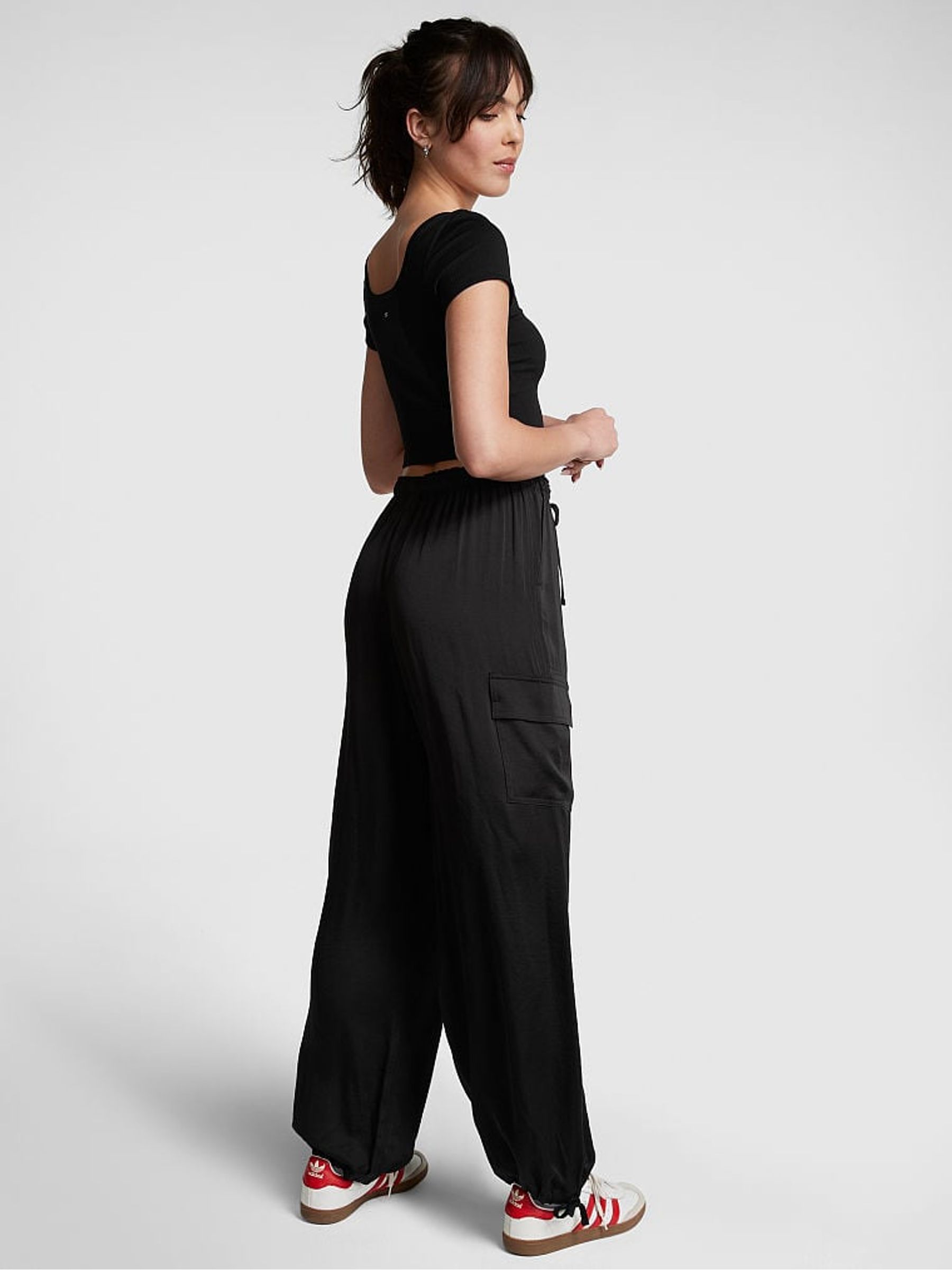 Pure Black Satin Parachute Trousers - Image 2 of 4