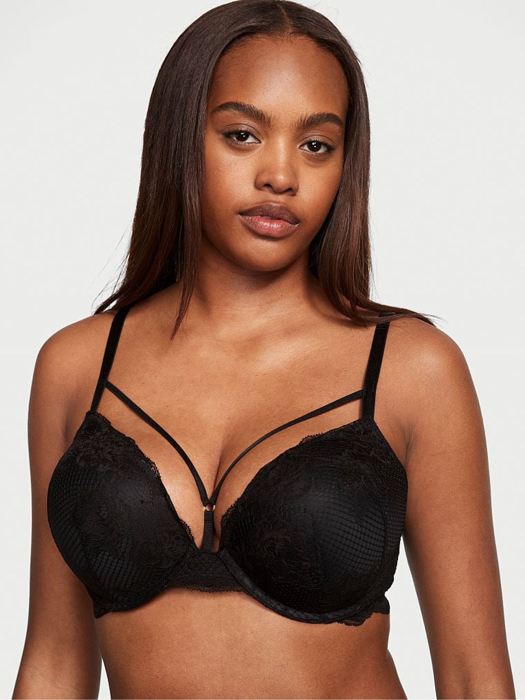 Black Fishnet Lace Plunge Add 2 Cups Bombshell Bra - Image 1 of 3