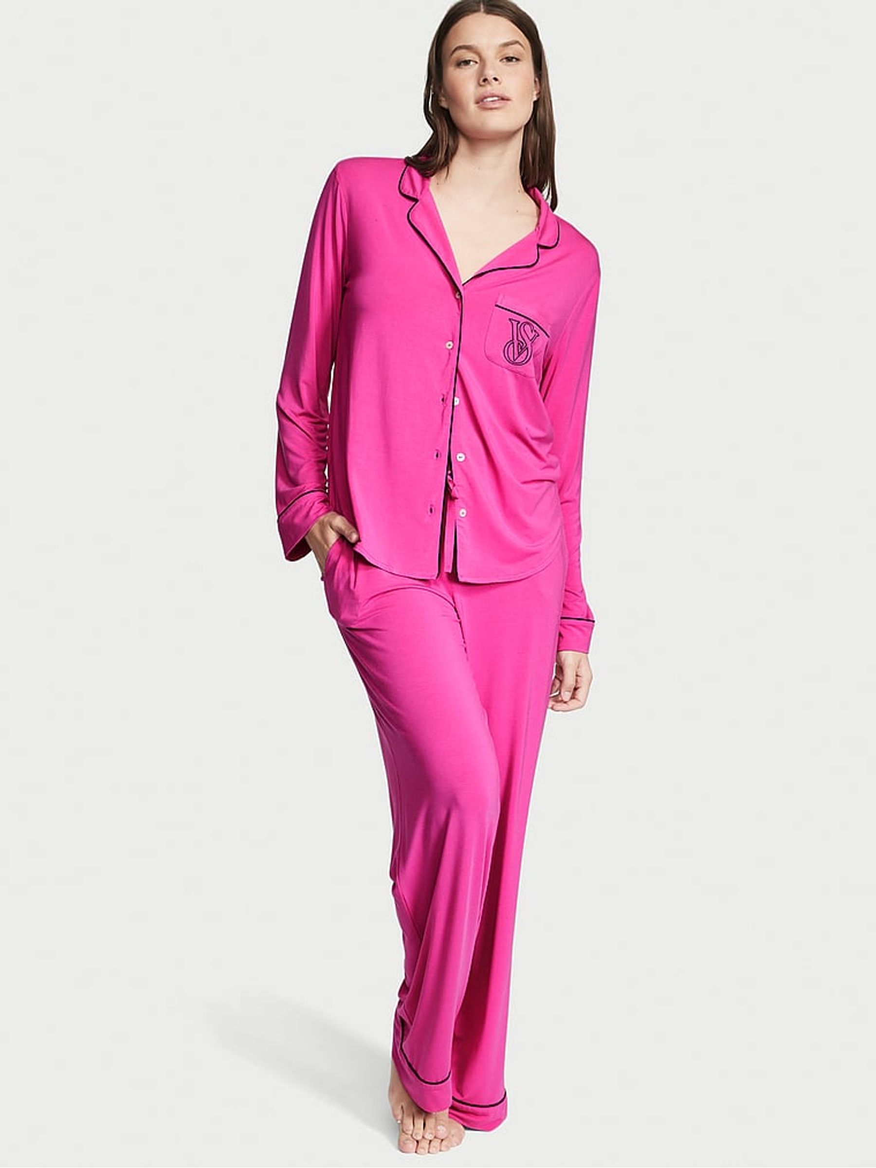 Fuschia Frenzy Pink Pocket Embroidery Modal Long Pyjamas - Image 1 of 3