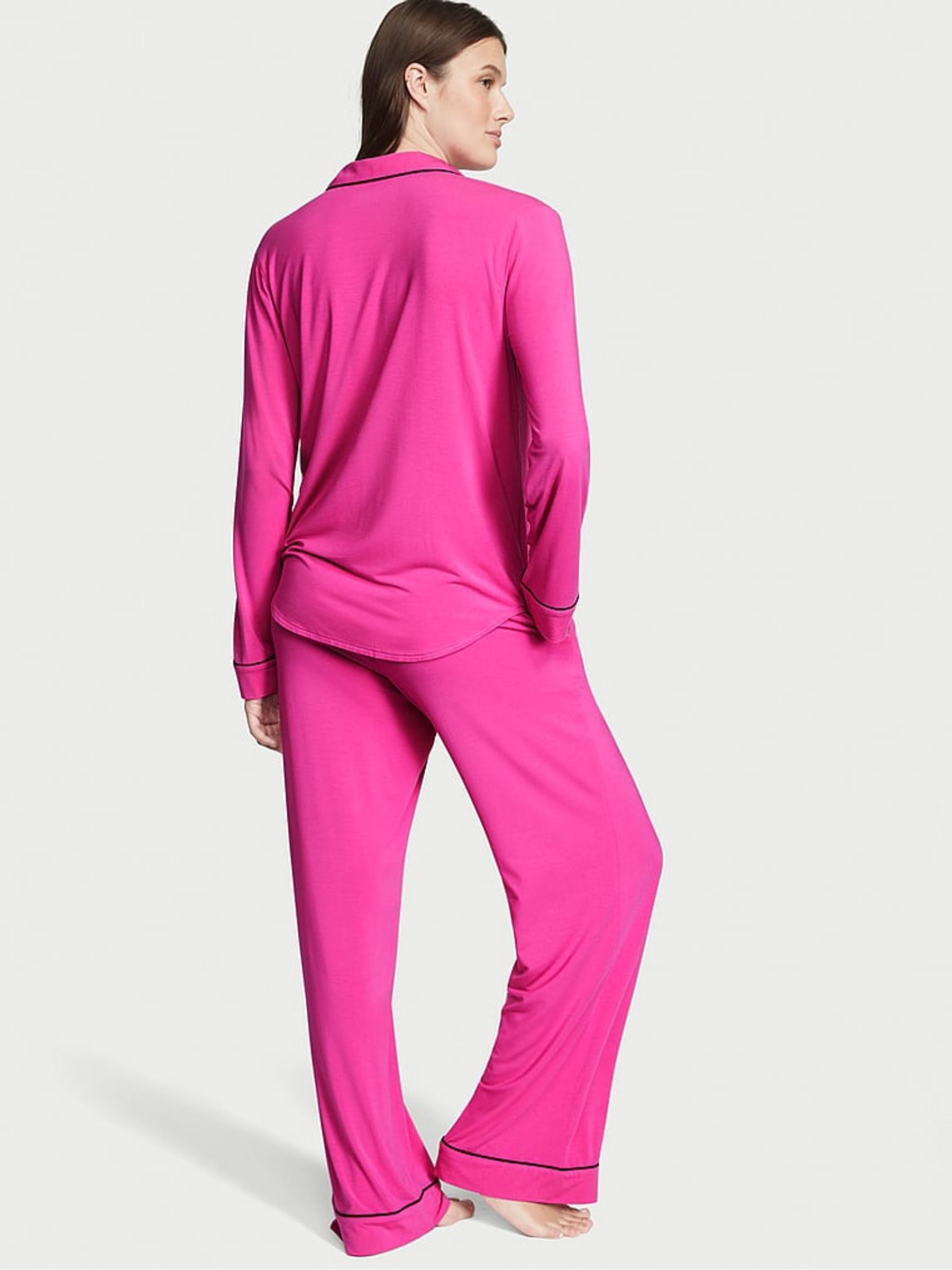 Fuschia Frenzy Pink Pocket Embroidery Modal Long Pyjamas - Image 2 of 3