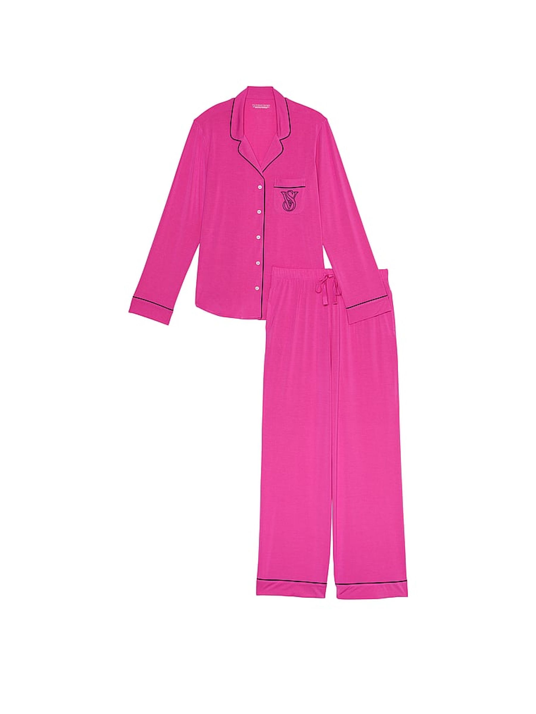 Fuschia Frenzy Pink Pocket Embroidery Modal Long Pyjamas - Image 3 of 3