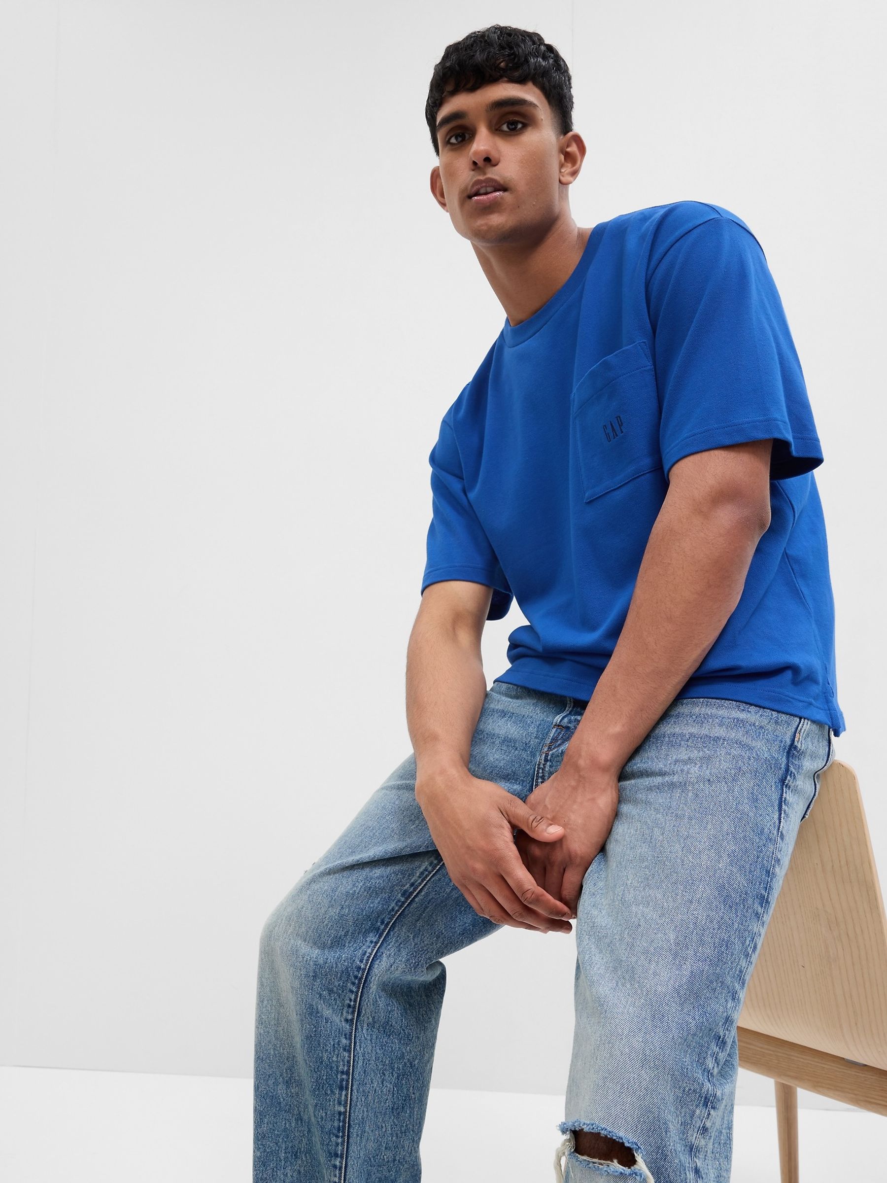 Cobalt Blue Oversized Logo Pique Pocket T-Shirt - Image 1 of 1