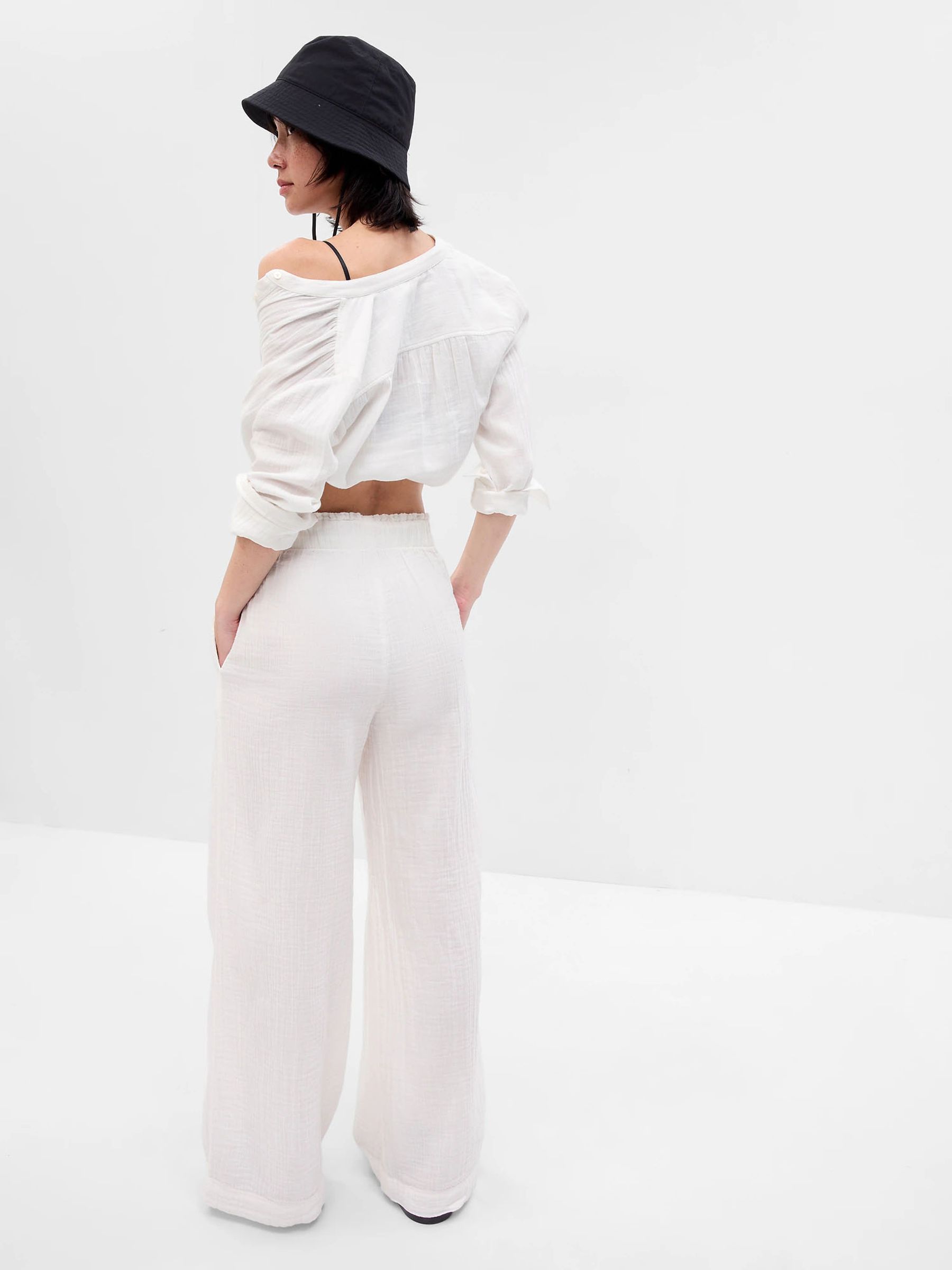 White Crinkle Gauze Wide Leg Cotton Trousers - Image 2 of 6