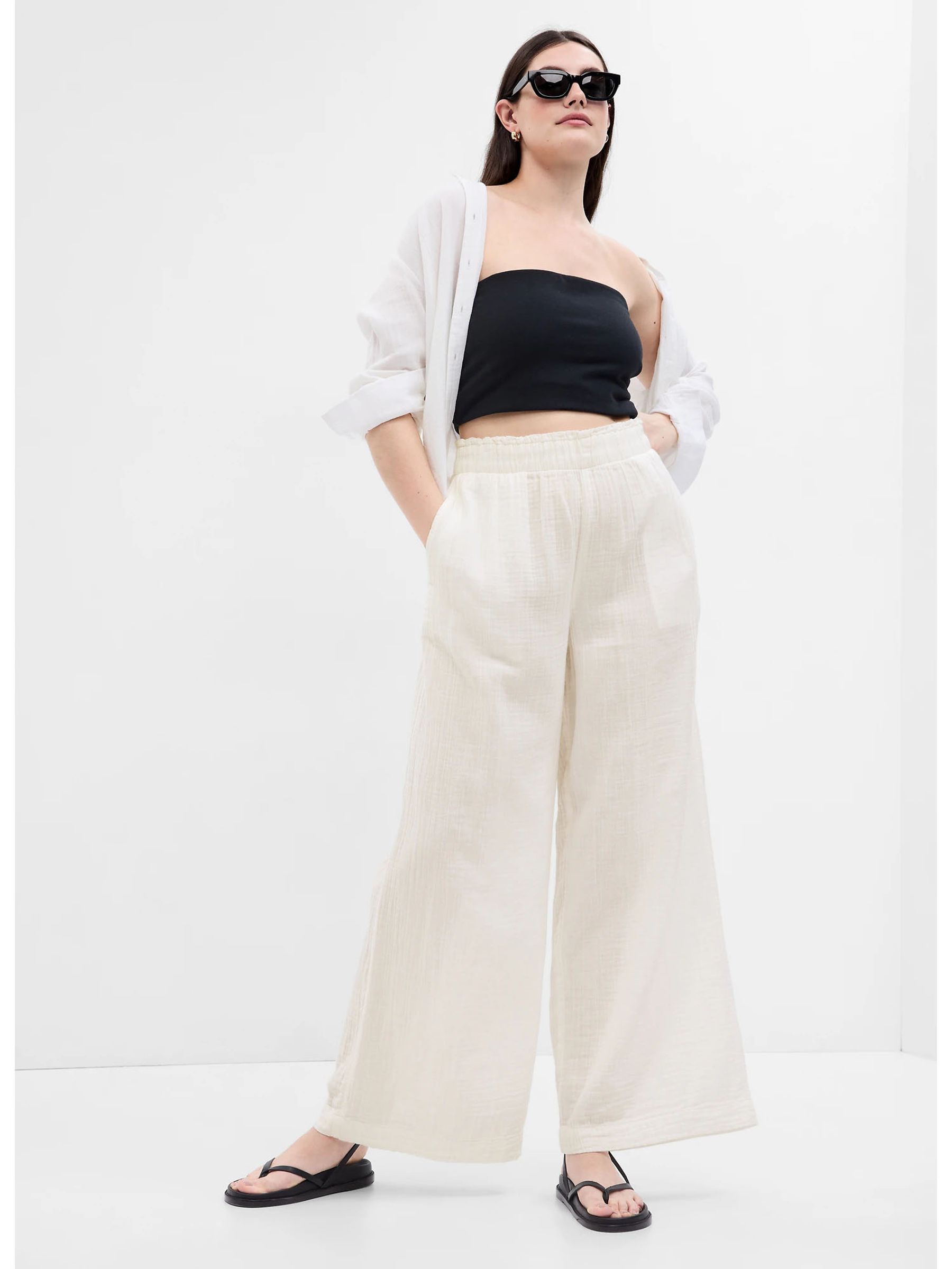 White Crinkle Gauze Wide Leg Cotton Trousers - Image 3 of 6